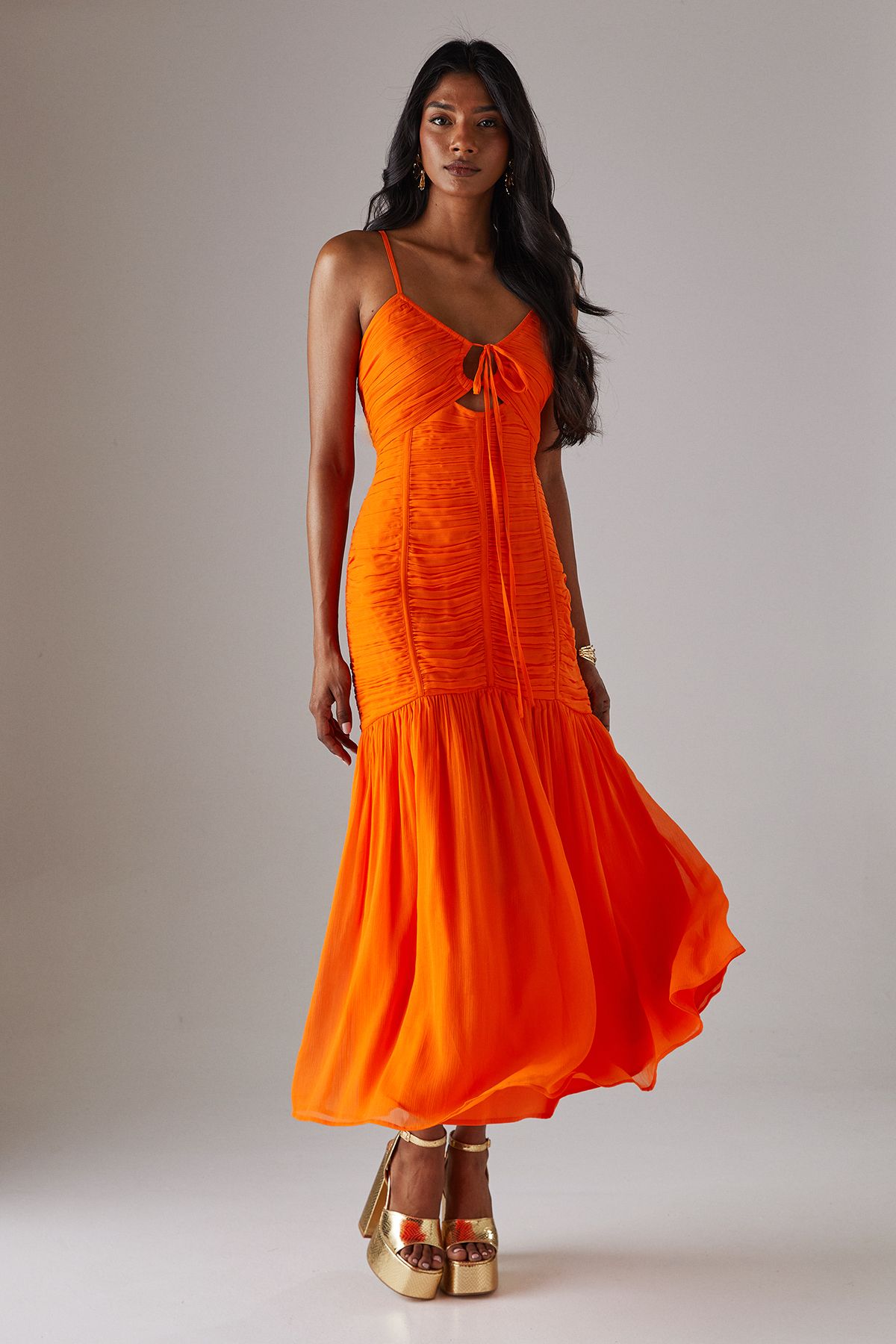 Warehouse Chiffon Gathered Channel Strappy Midi Dress Orange image 1