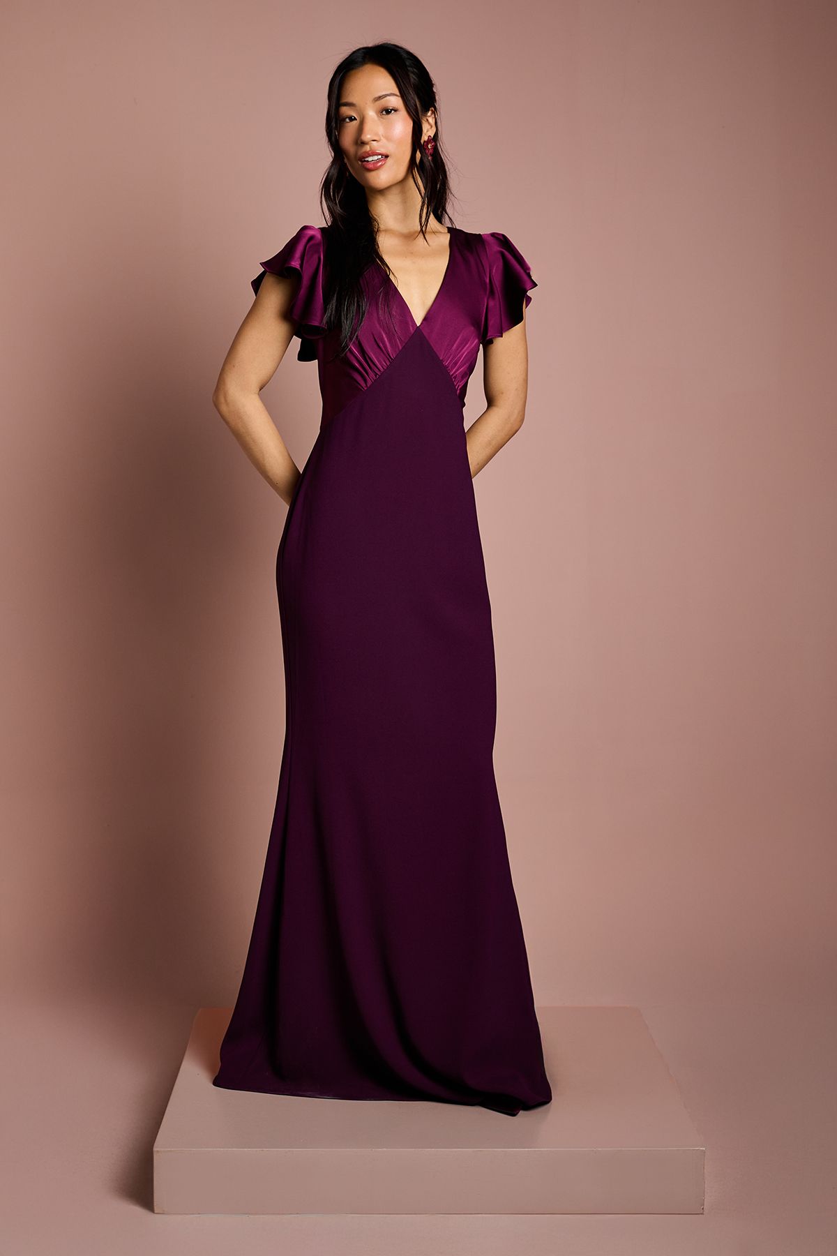 Coast Coast Honoured V Neck Angel Short Sleeve Satin Maxi Bridesmaid Dress Fig image 1