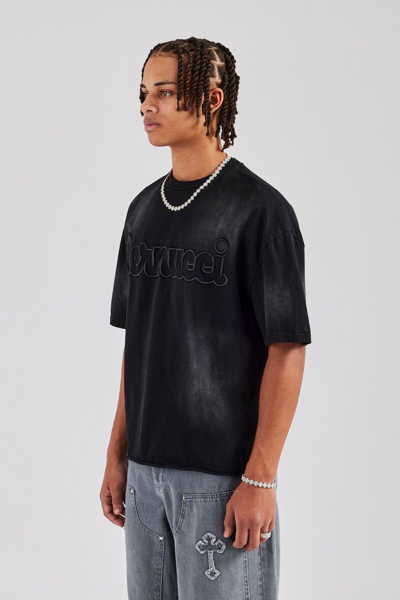 Cernucci Boxy Washed Embroidered T-Shirt - Black image 3
