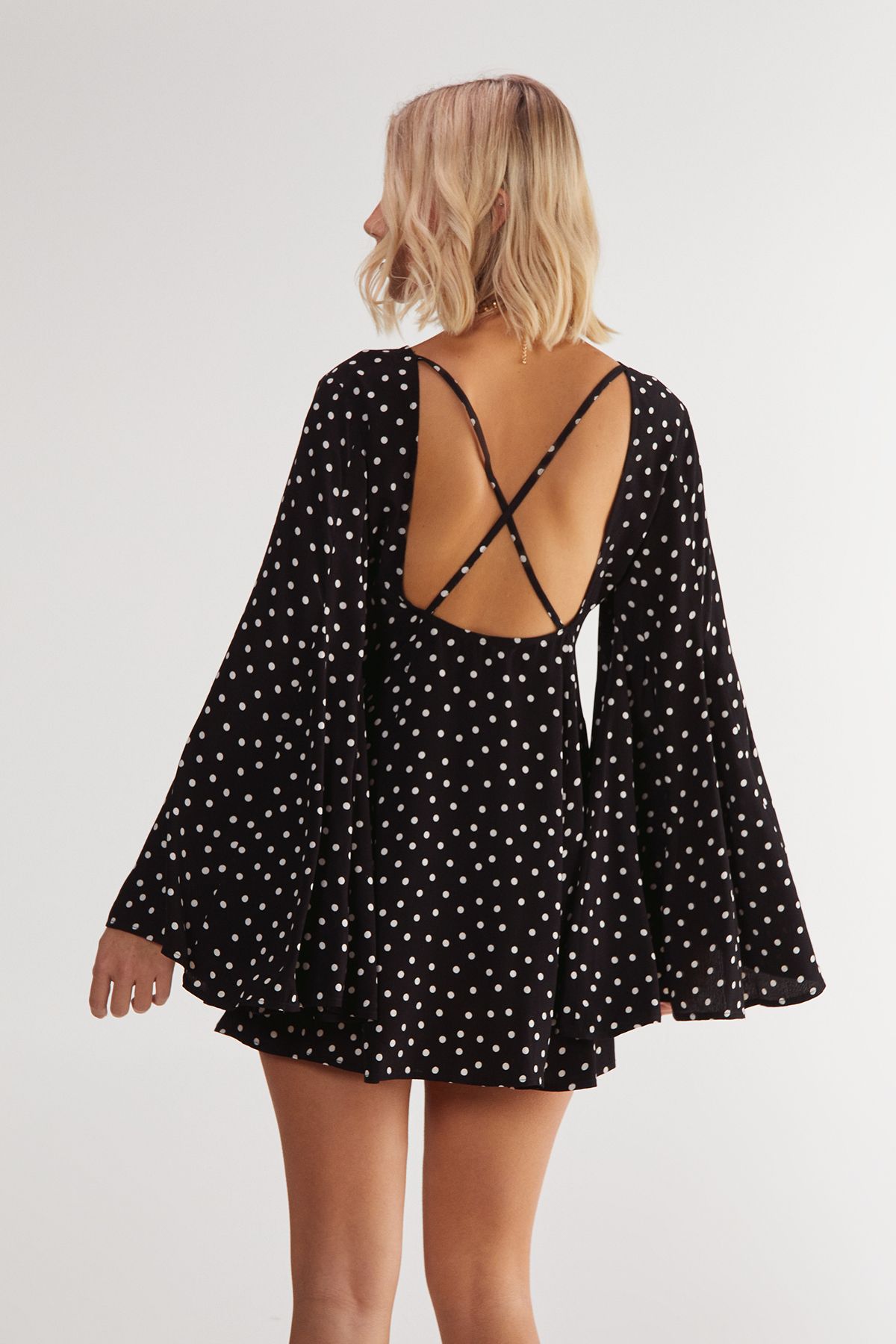NastyGal Polka Dot Button Down Extreme Flared Sleeve Mini Dress Mono image 4