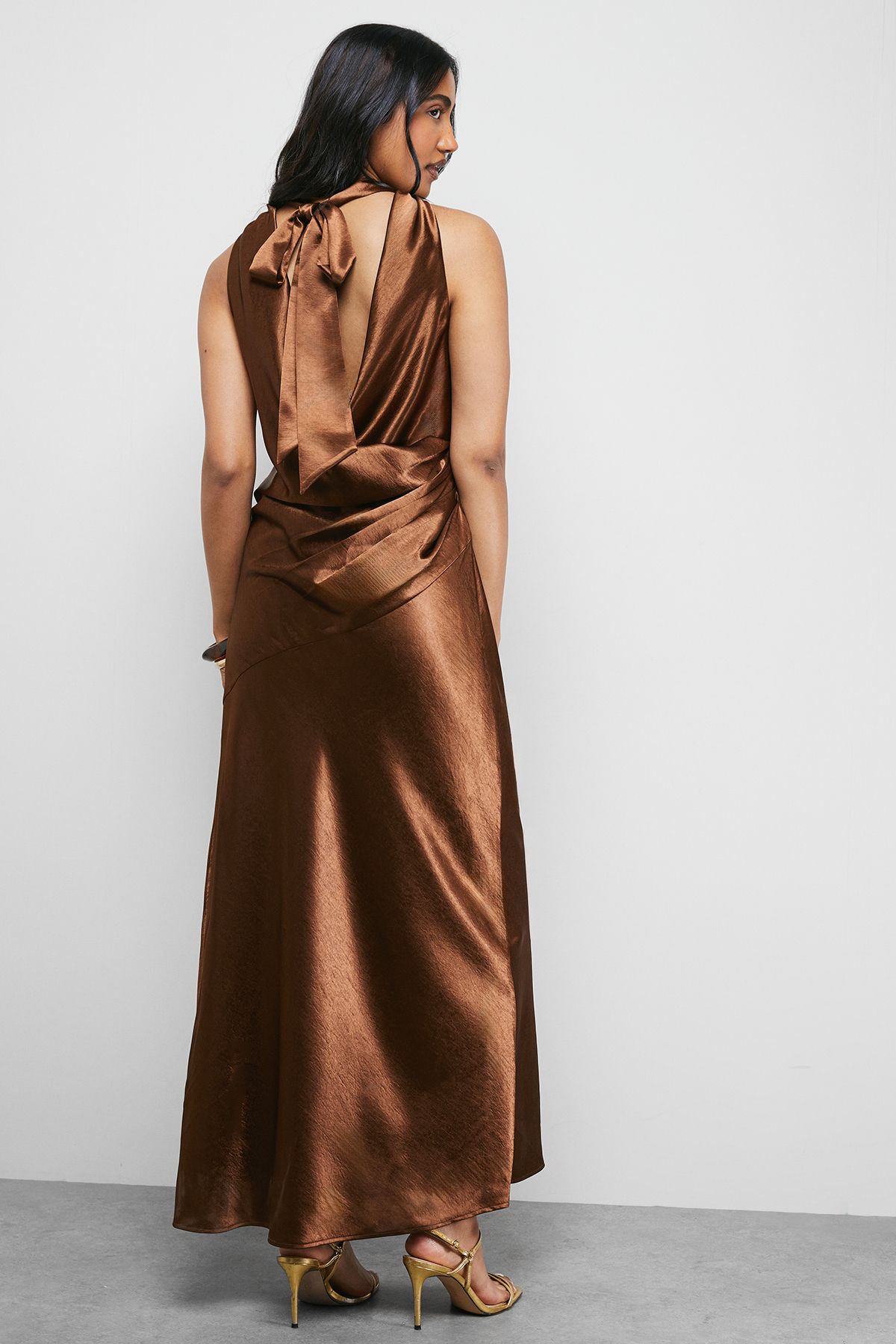 Warehouse Satin Tie Neck Cowl Front Maxi Dress Chocolate image 3