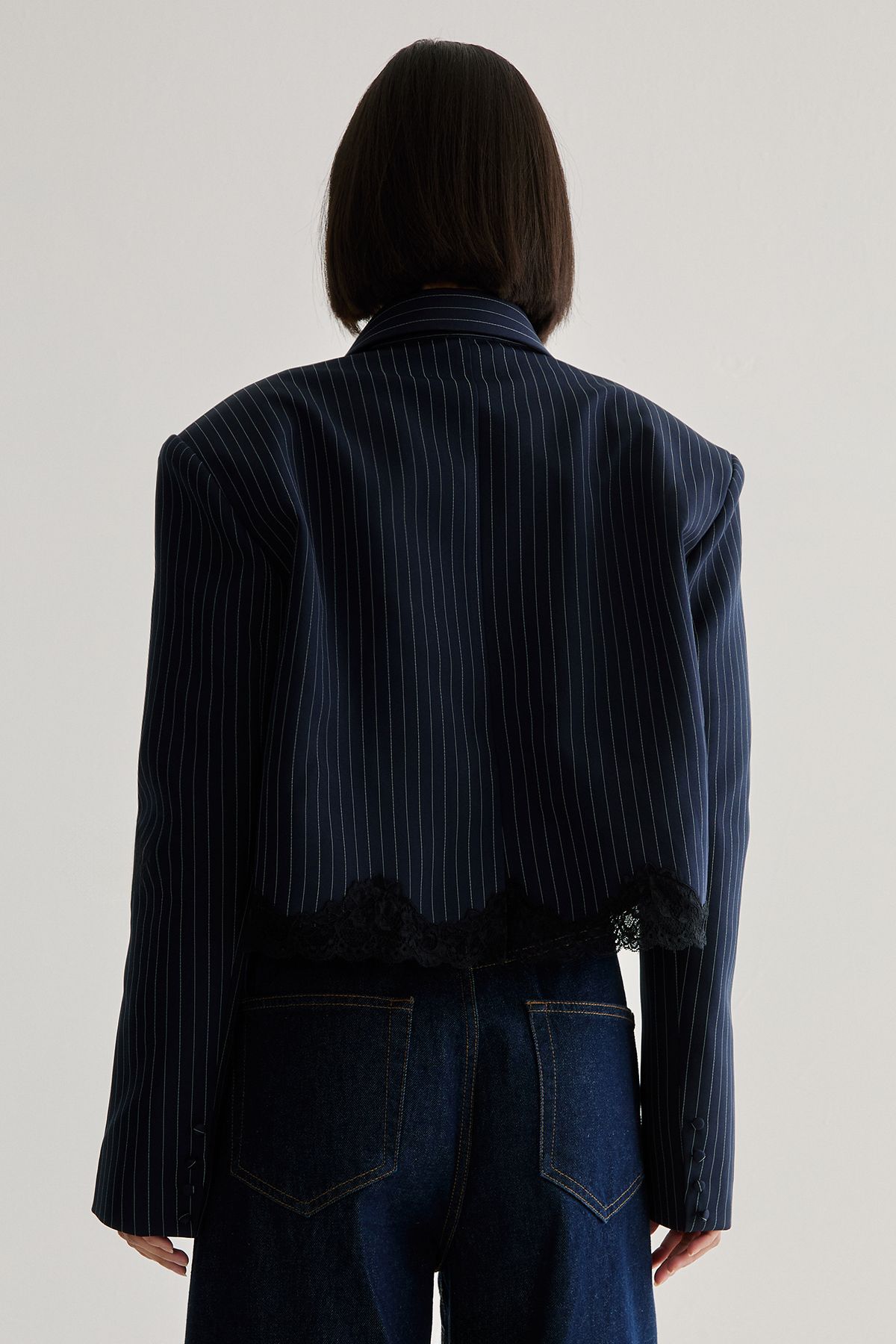 NastyGal Lace Hem Tailored Pinstripe Jacket Navy image 4