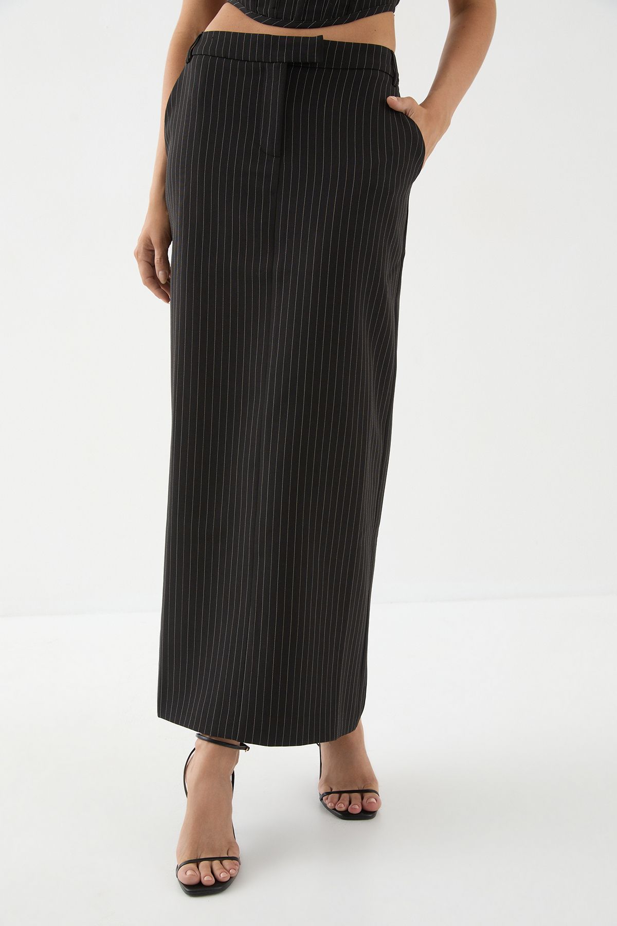 MissPap Pinstripe Tailored Maxi Skirt Black image 2