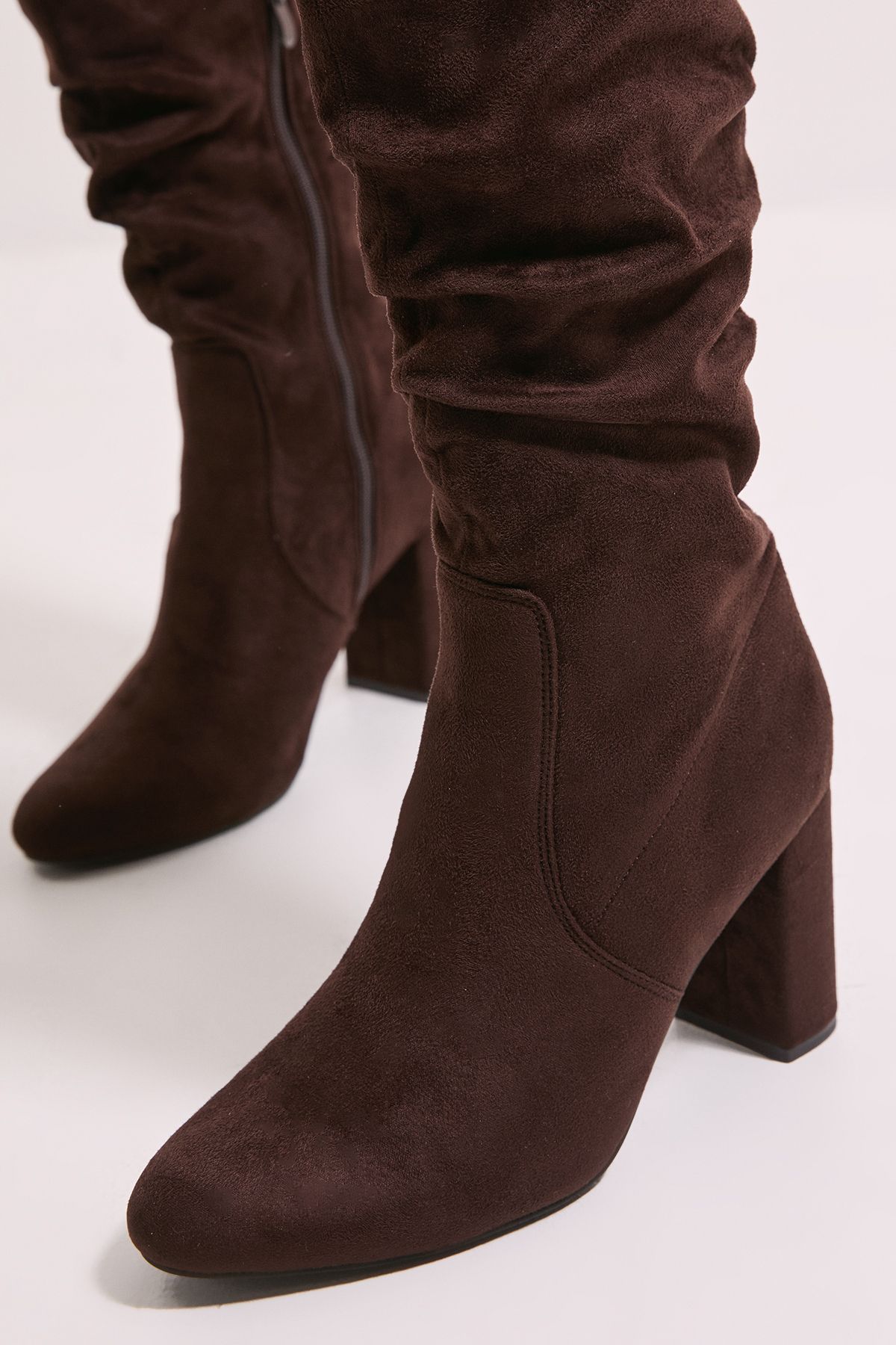 Dorothy Perkins Wide Fit Keris Faux Suede High Block Heel Ruched Knee High Boots Brown image 4