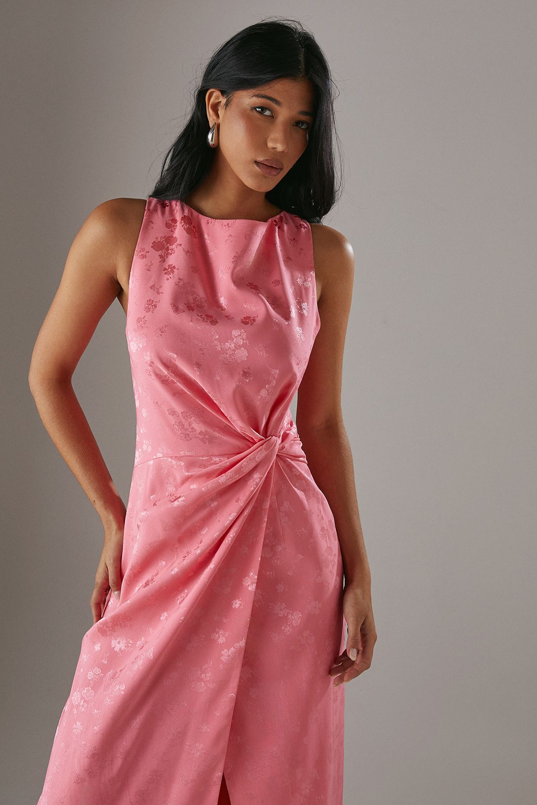Warehouse Satin Jacquard Feather Twist Front Cowl Back Midi Dress Pink image 2