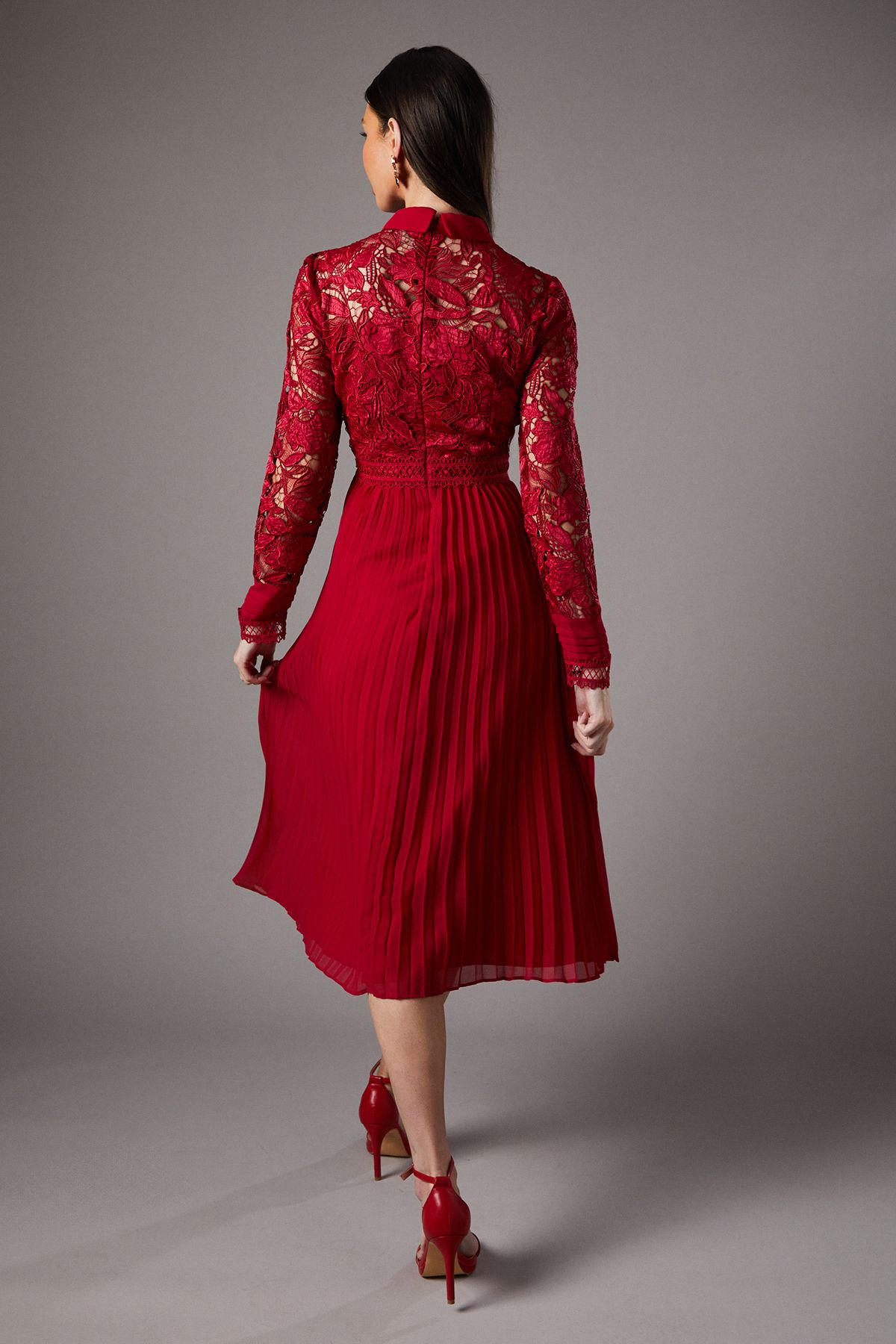 Coast Long Sleeve Lace and Pleated Midi Shirt Dress Red image 3