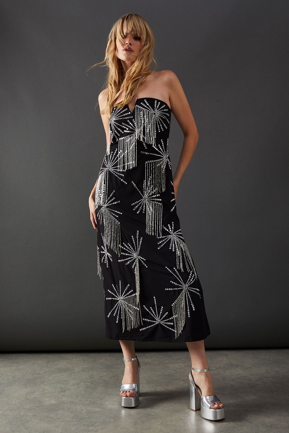Warehouse Premium Hand Embellished Sequin Bandeau Fringe Starburst Midi Dress Silver image 1