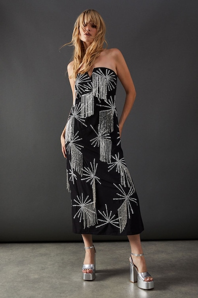 Warehouse Premium Hand Embellished Sequin Bandeau Fringe Starburst Midi Dress Silver
