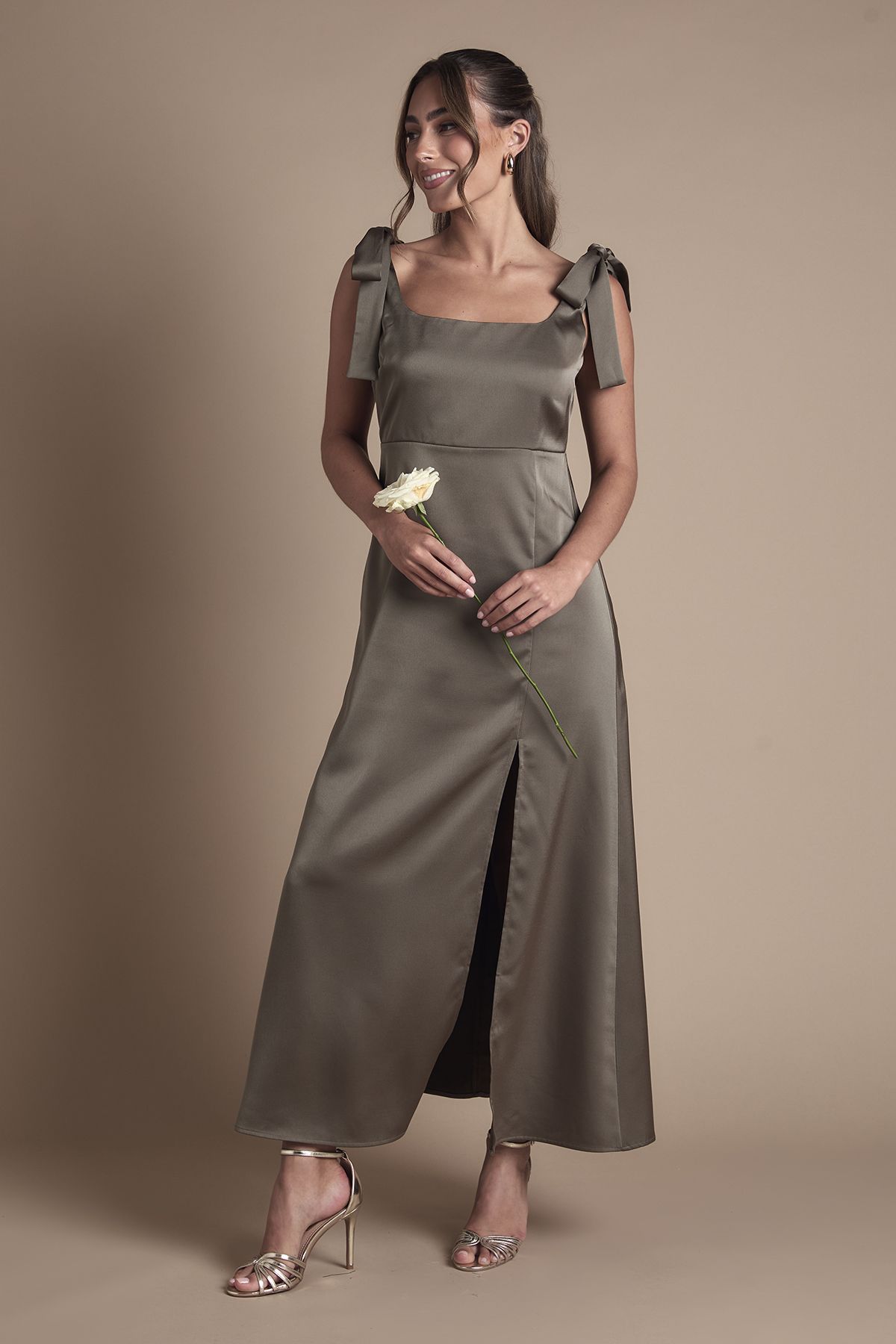 Oasis Petite Satin Tie Shoulder Midi Bridesmaid Dress Olive