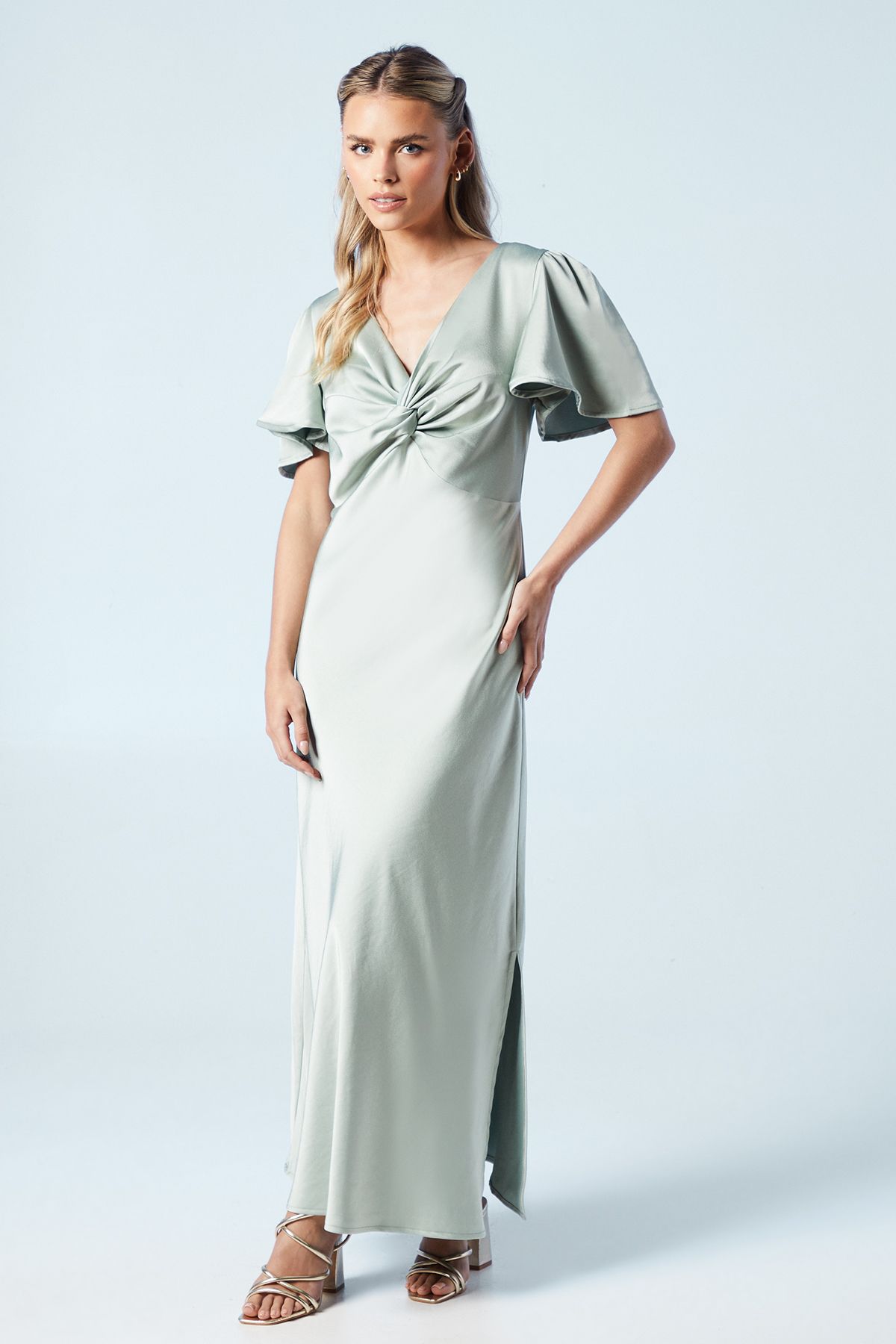 Oasis Petite Twist Front Angel Sleeve Maxi Bridesmaid Dress Sage image 1