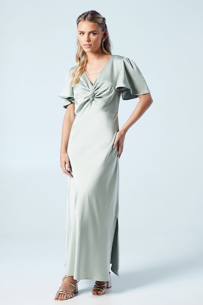 Oasis Petite Twist Front Angel Sleeve Maxi Bridesmaid Dress Sage