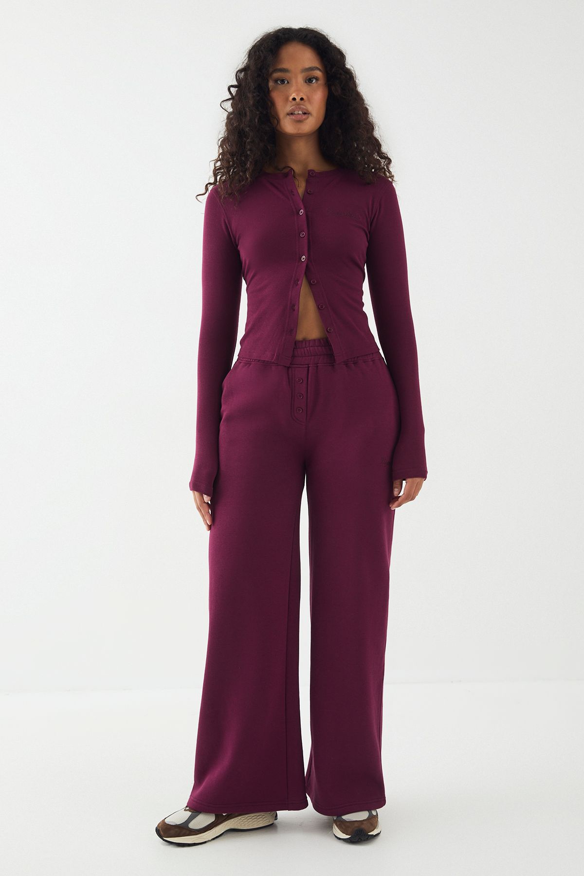 DSGN Studio DSGN Studio Ribbed Script Embroidery  Button Through Long Sleeve Top Plum image 5
