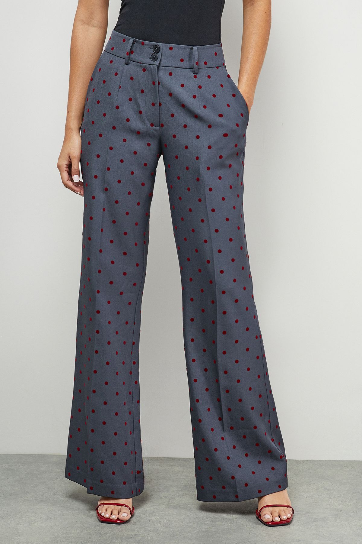 Warehouse Burgundy Velvet Spot High Waist Deep Waistband Trouser Co-Ord Grey image 2