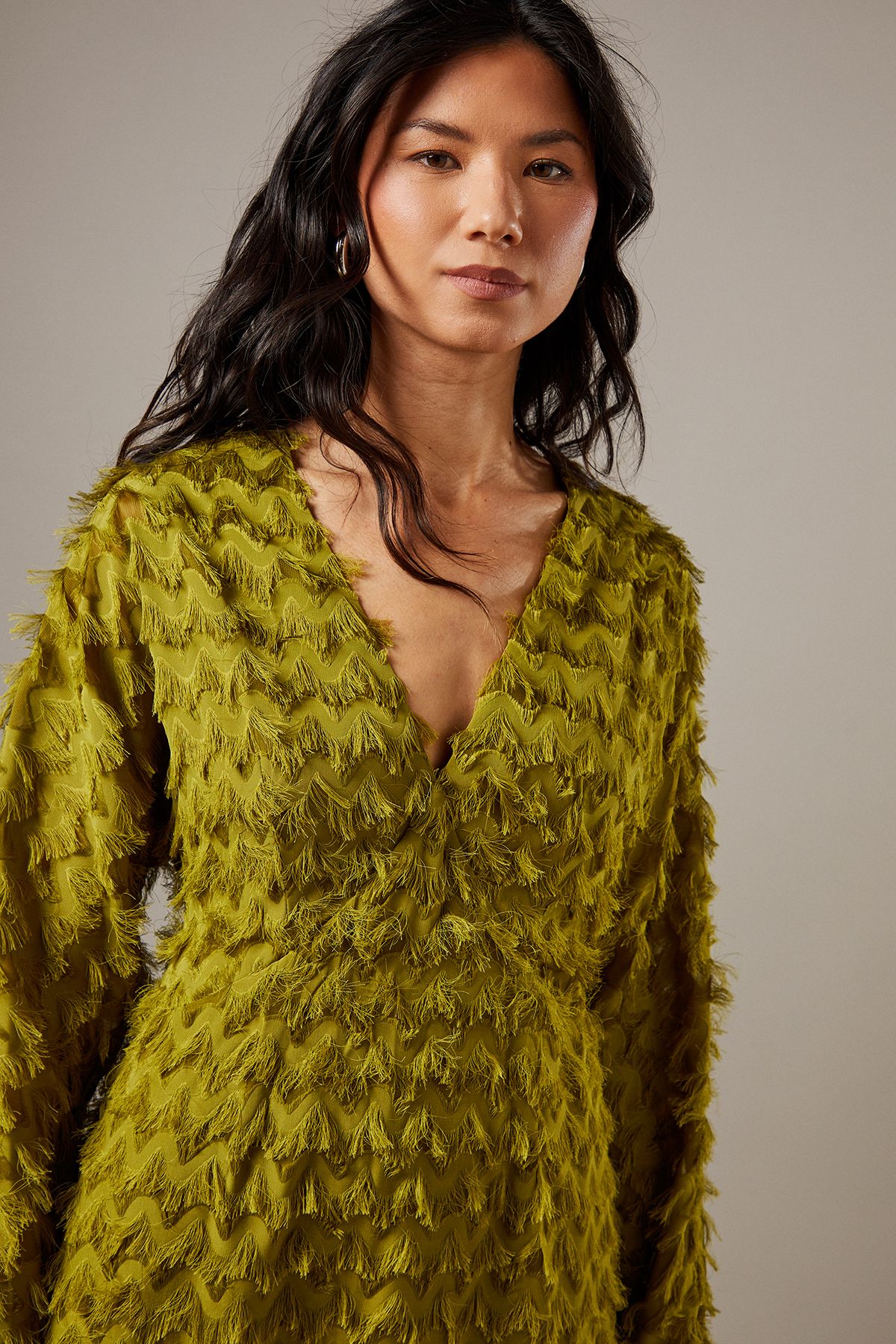 Warehouse Fluffy Plunge Neck Batwing Midi Dress Chartreuse image 4