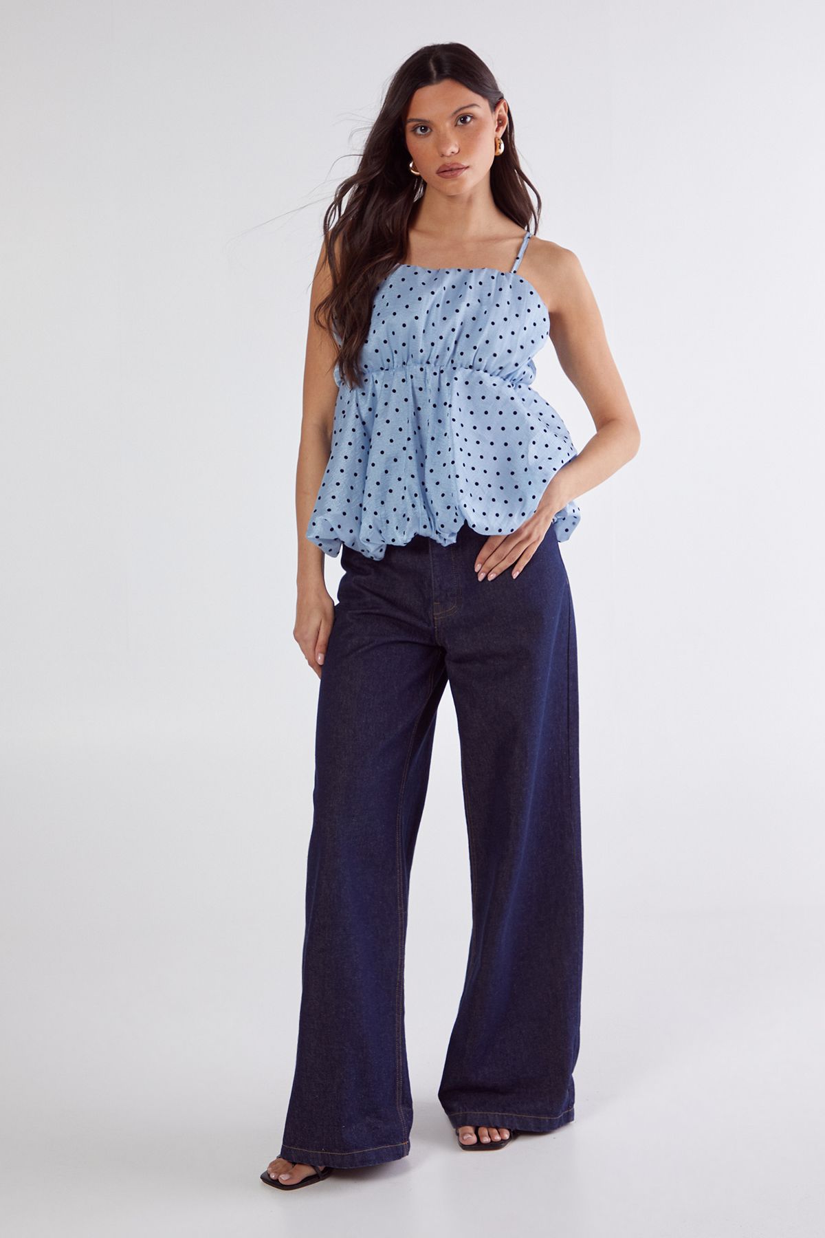 NastyGal Flocked Polka Dot Bubble Hem Longline Cami Top Blue image 2