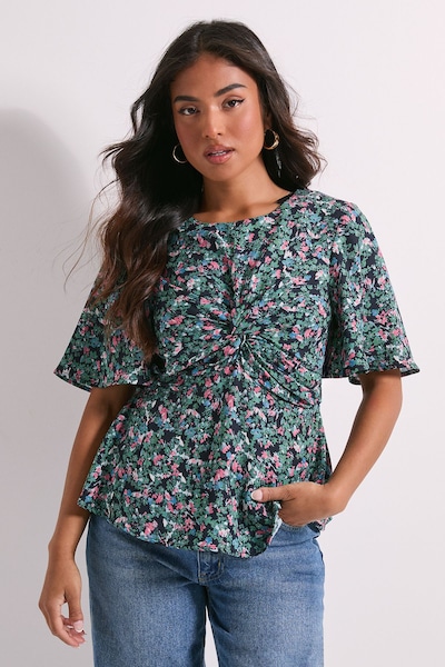 Dorothy Perkins Petite Ditsy Twist Front Angel Sleeve Top Floral