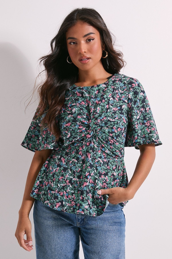 Dorothy Perkins Petite Ditsy Twist Front Angel Sleeve Top Floral