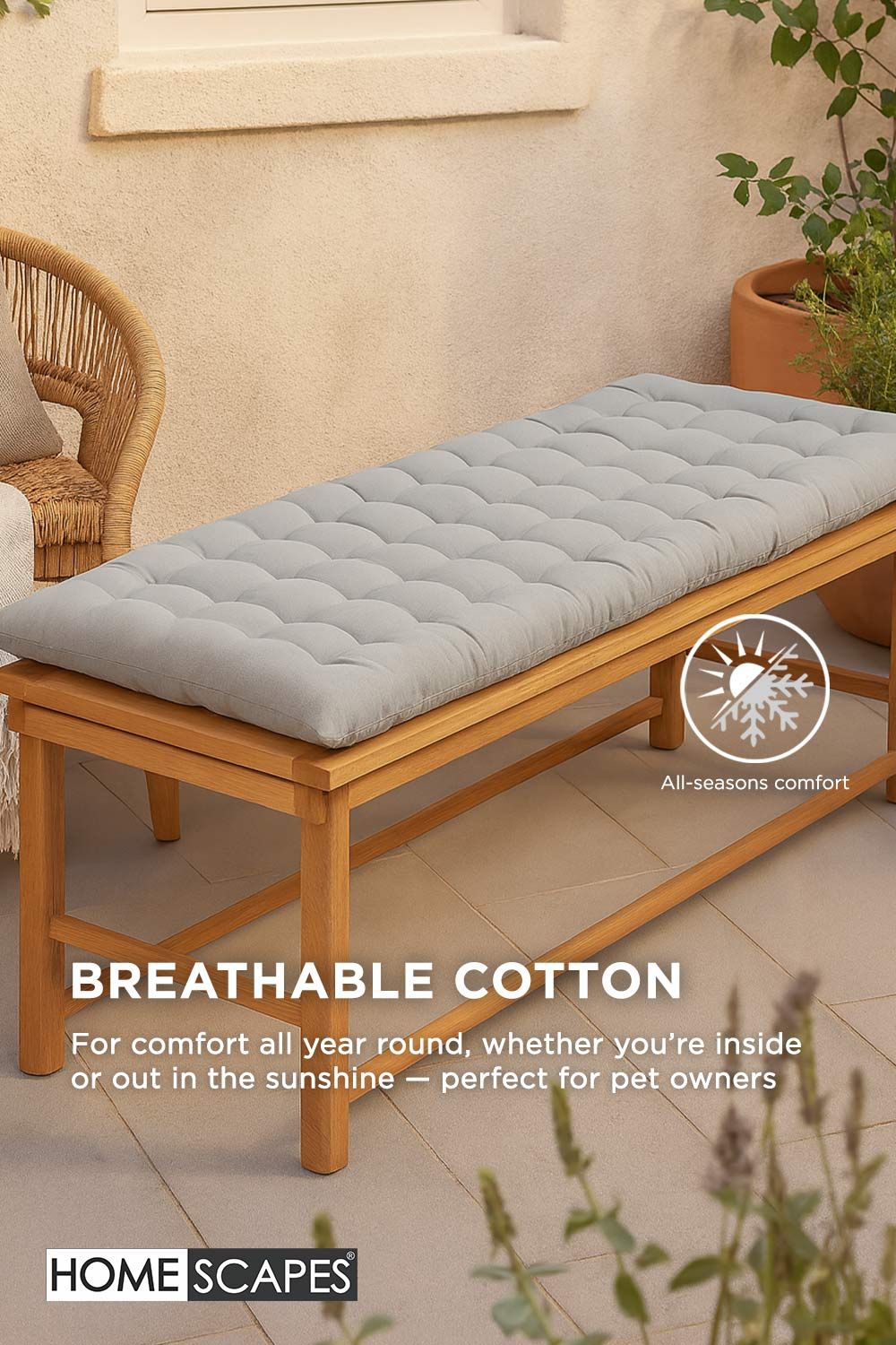 Homescapes Garden Bench Cushion Luxury 2 Seater Cotton Indoor Outdoor Pad, 108 x 42cm image 5