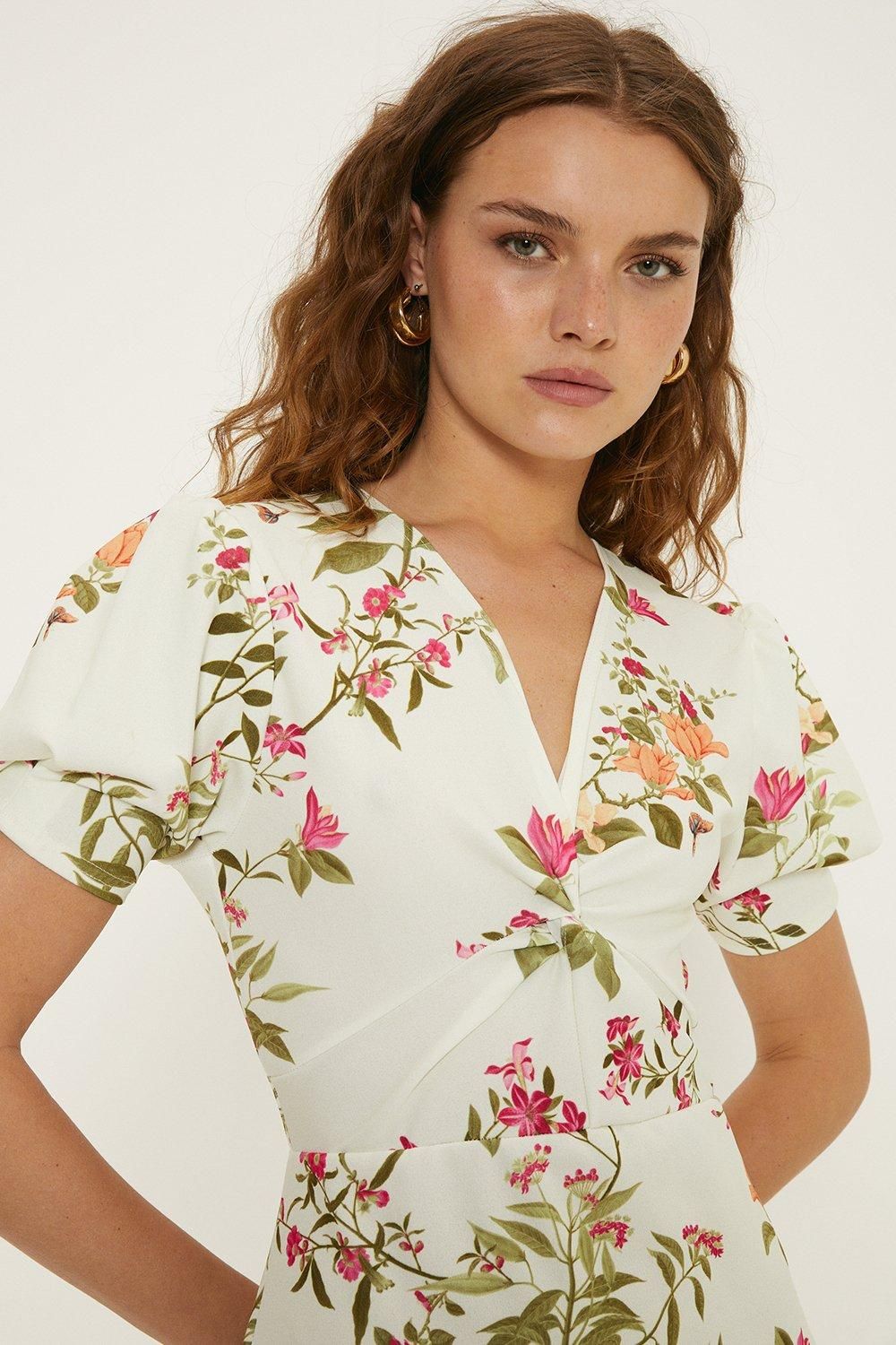 Oasis Ivory Floral Stretch Crepe Twist Front Midi Dress Ivory image 2