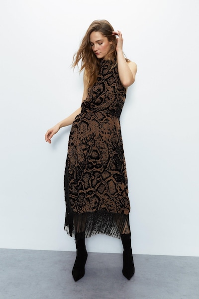 Warehouse Snake Devore Tassel Midi Dress Nude