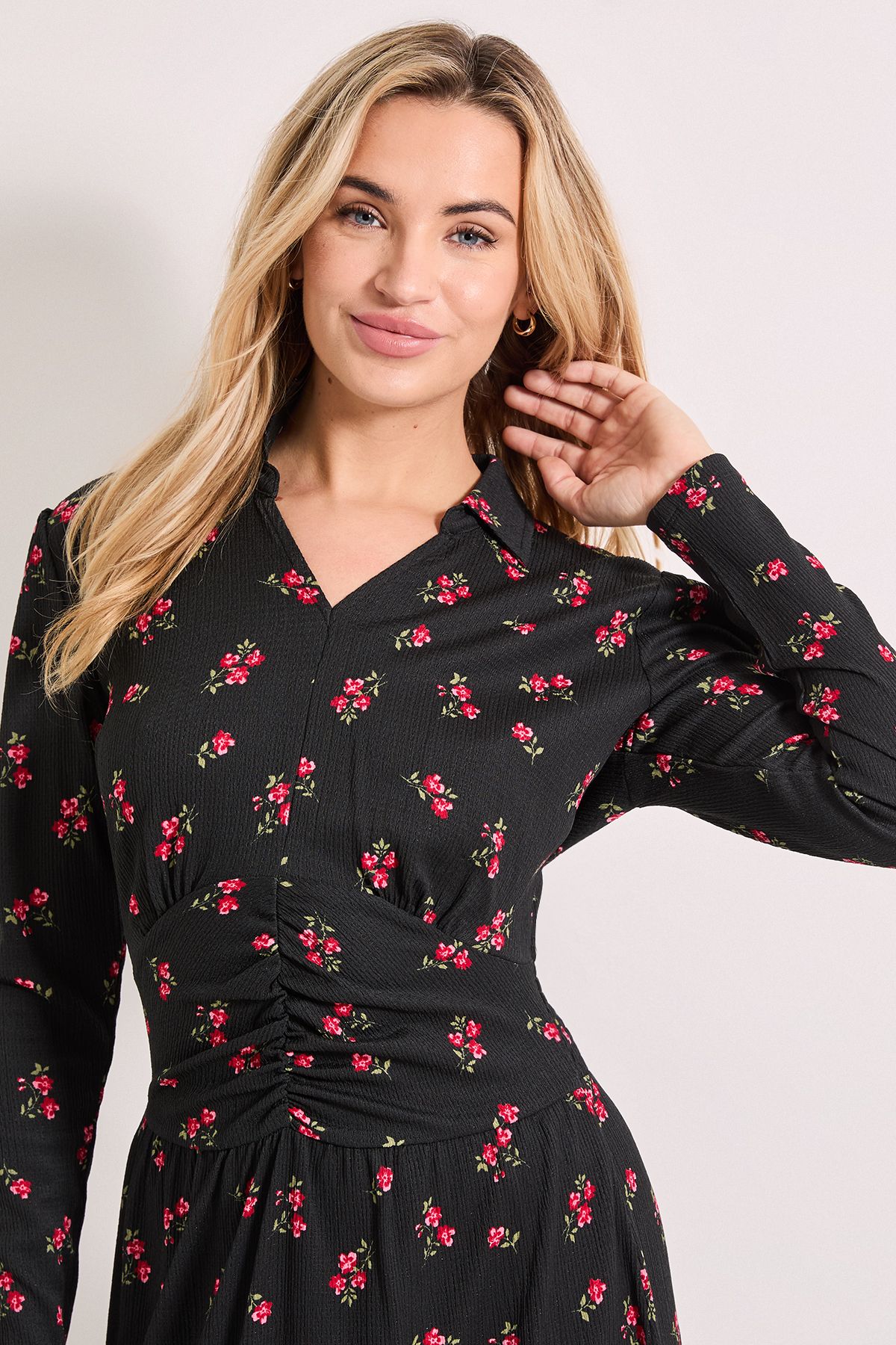 Dorothy Perkins Floral Collared Shirred Back Long Sleeve Jersey Midi Dress Floral image 4