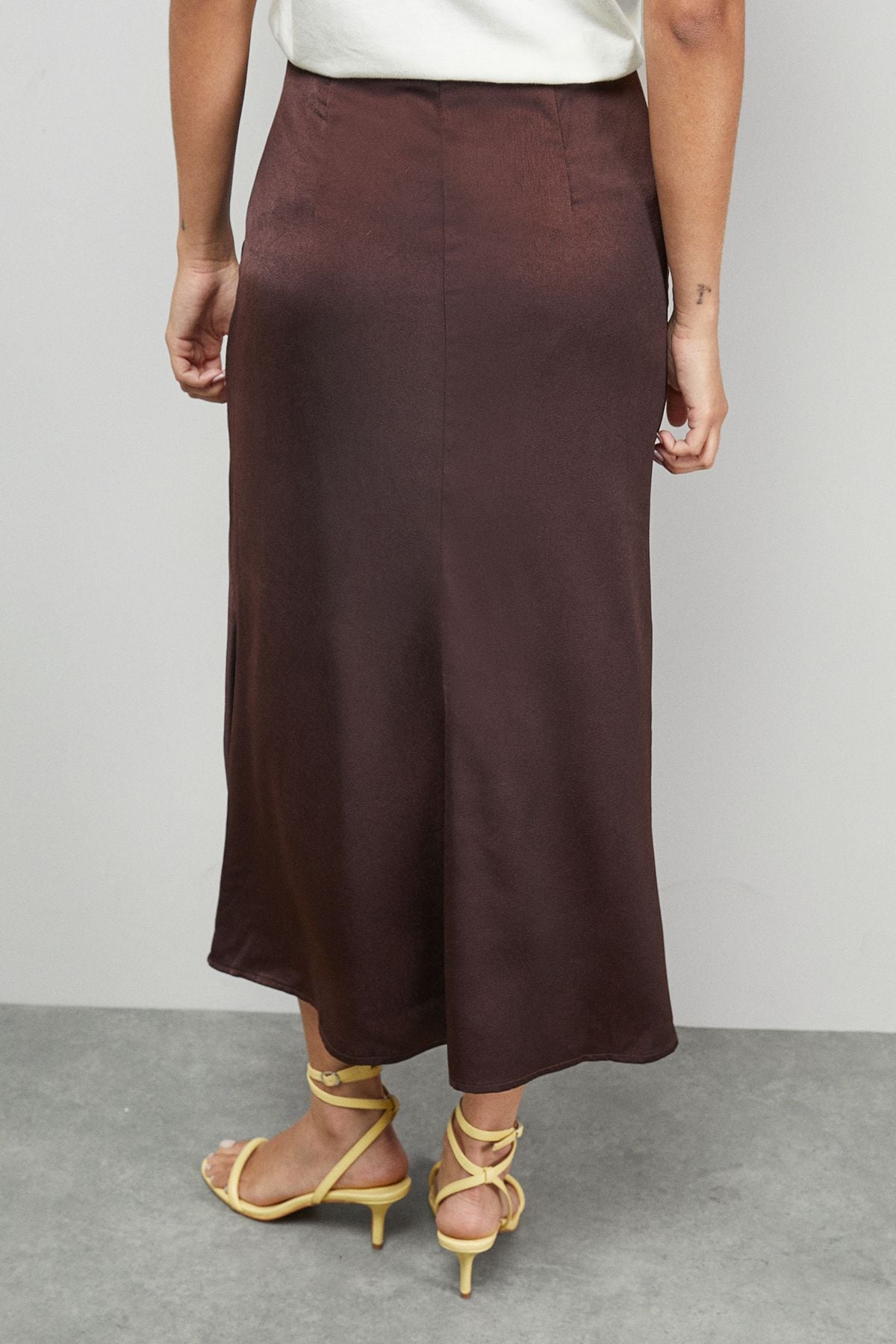 Warehouse Crushed Satin Drape Front Bias Midi Skirt Chocolate image 3