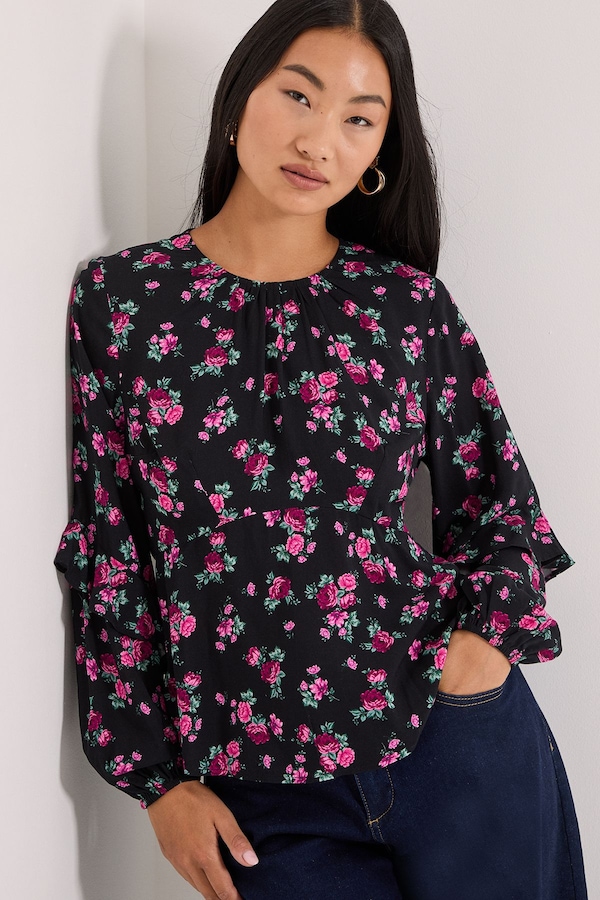 Dorothy Perkins Petite Black Floral Ruffle Blouson Sleeve Empire Seam Blouse Pink