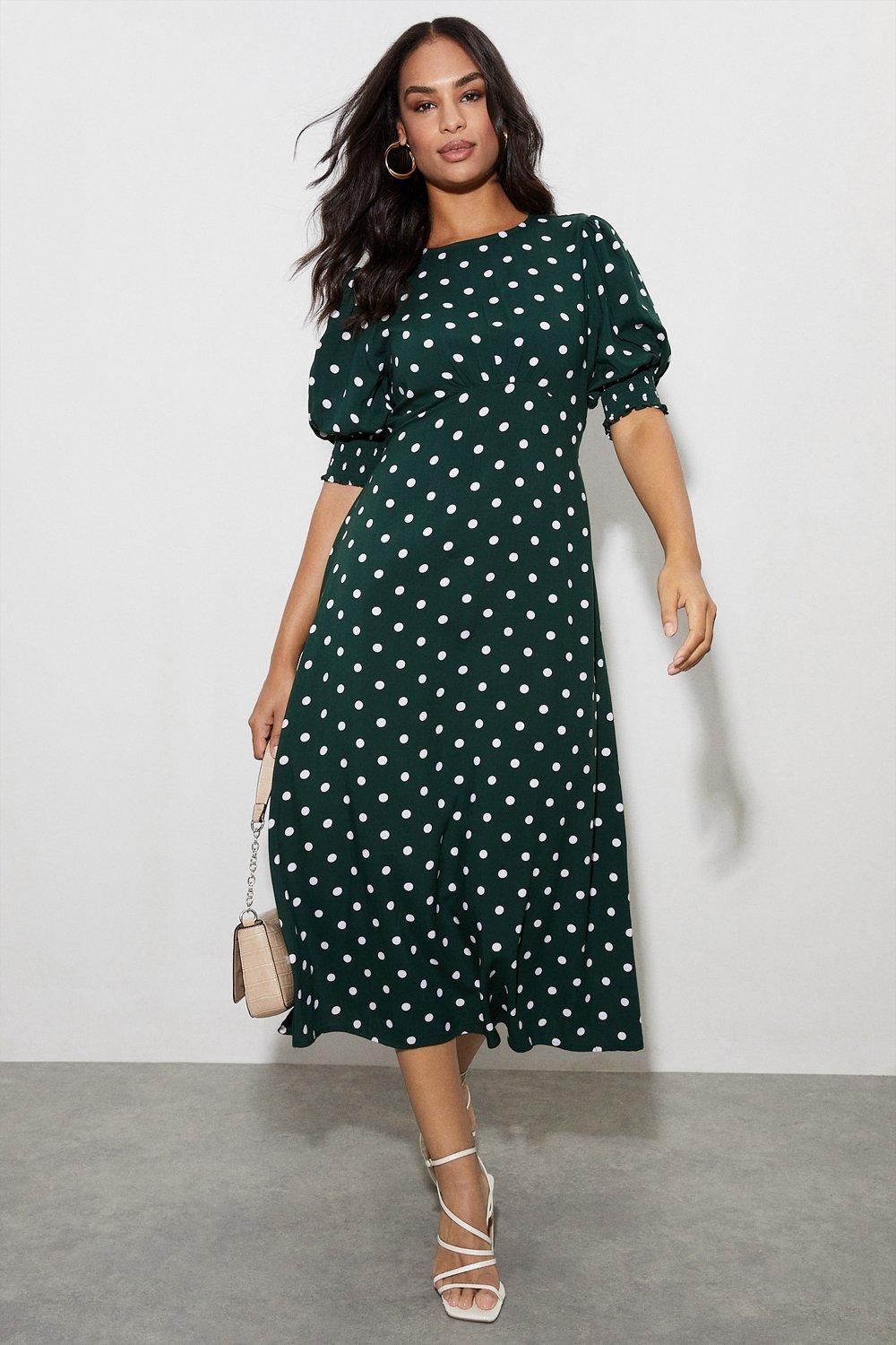 Dorothy Perkins Green Spot Shirred Cuff Midi Dress Green image 1