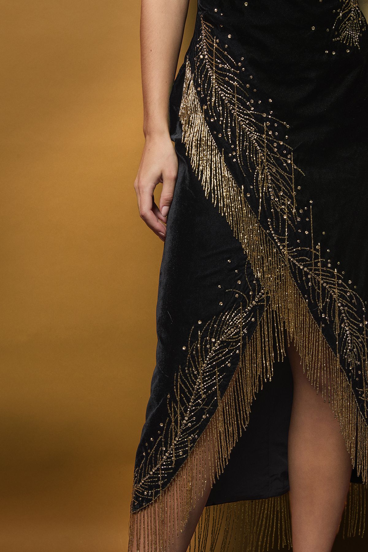 Coast Sleeveless Feather Embellished Velvet Fringe Midi Dress Black image 4