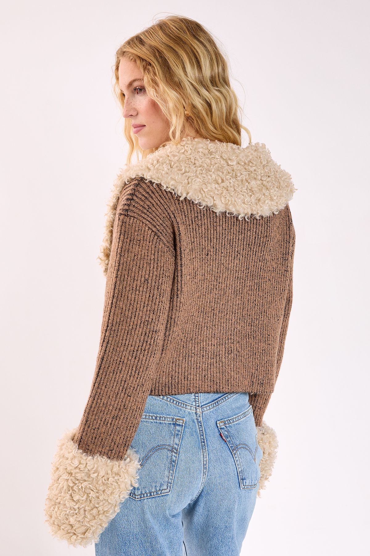 NastyGal Teddy Fur Collared Knitted Cardigan Brown image 4