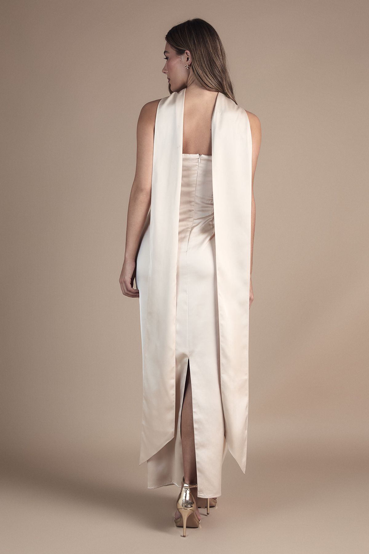 Oasis Bandeau Satin Maxi Wedding Dress With Scarf Champagne image 3