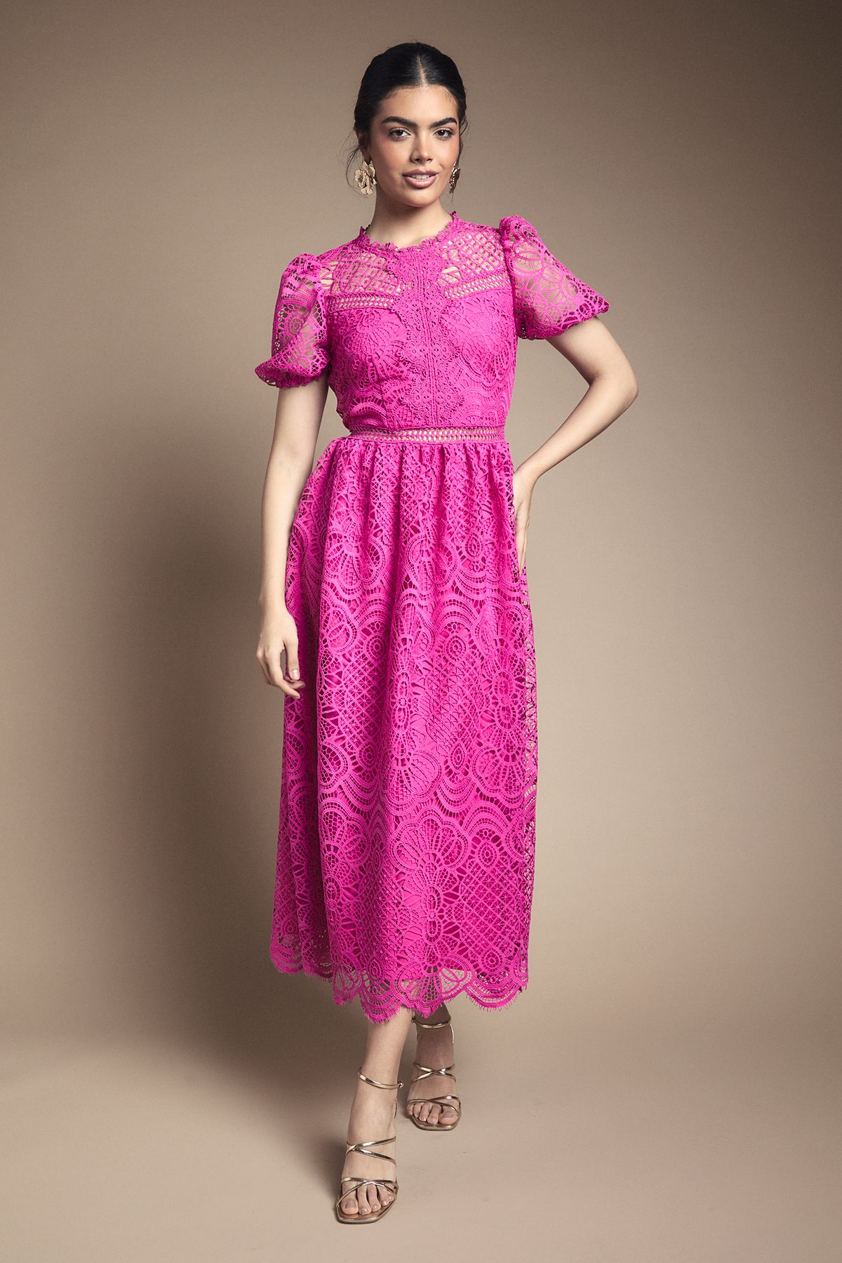 Oasis Lace Puff Sleeve Fit and Flare Midi Dress Violet
