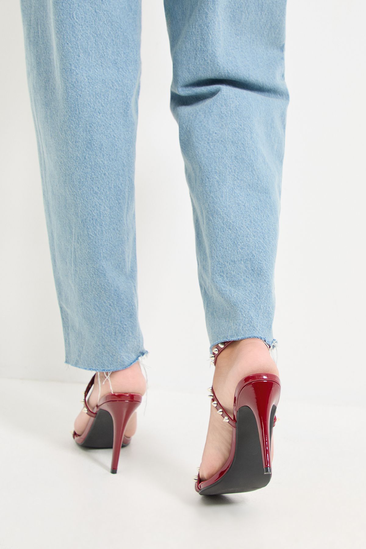 MissPap Studded Strappy High Metal Stiletto Heel Sandals Burgundy image 3