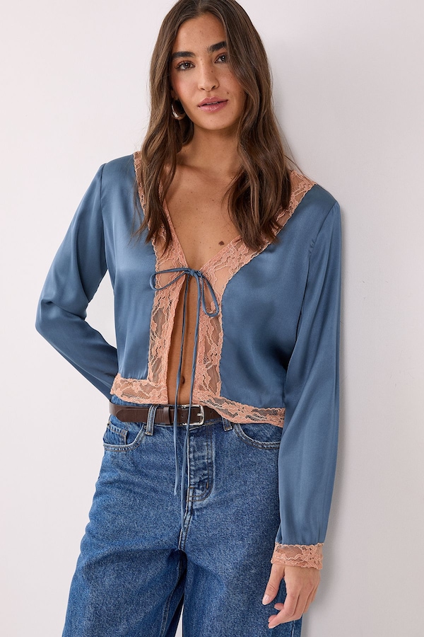 NastyGal Cutwork Lace Tie Front Long Sleeve Top Steel