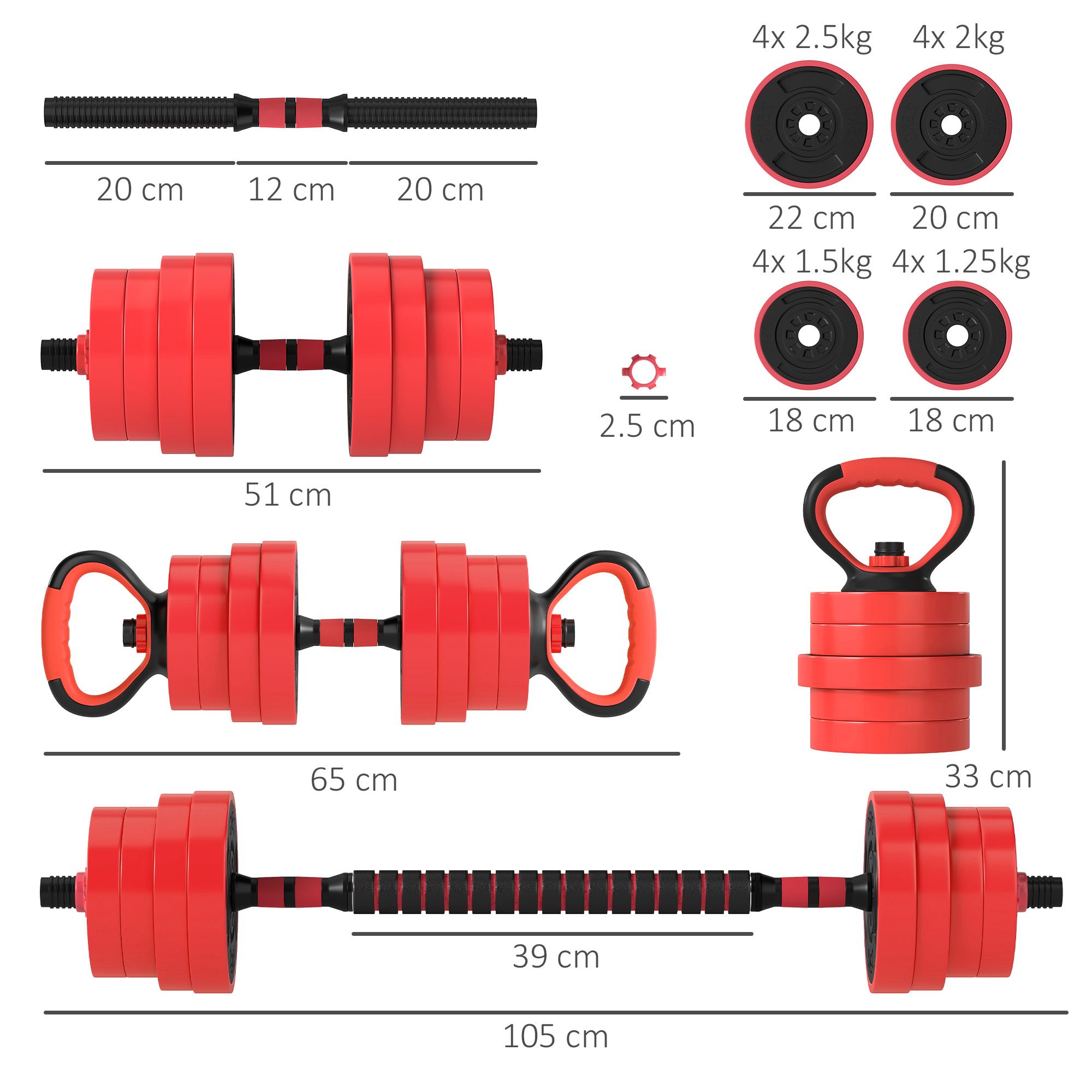 SPORTNOW SPORTNOW Weight Dumbbells Set, Barbell, Kettlebell, Push Up Stand, 30kg, Red image 3
