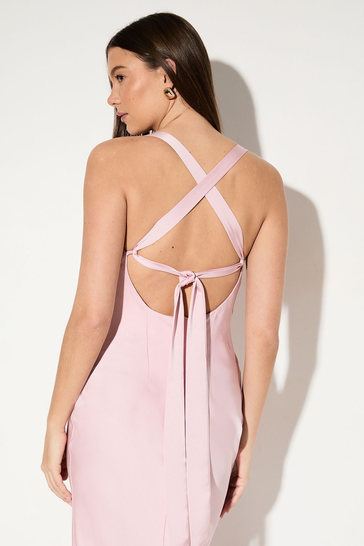 MissPap Premium Satin Cowl Neck Fishtail Maxi Bridesmaid Dress Pink image 4