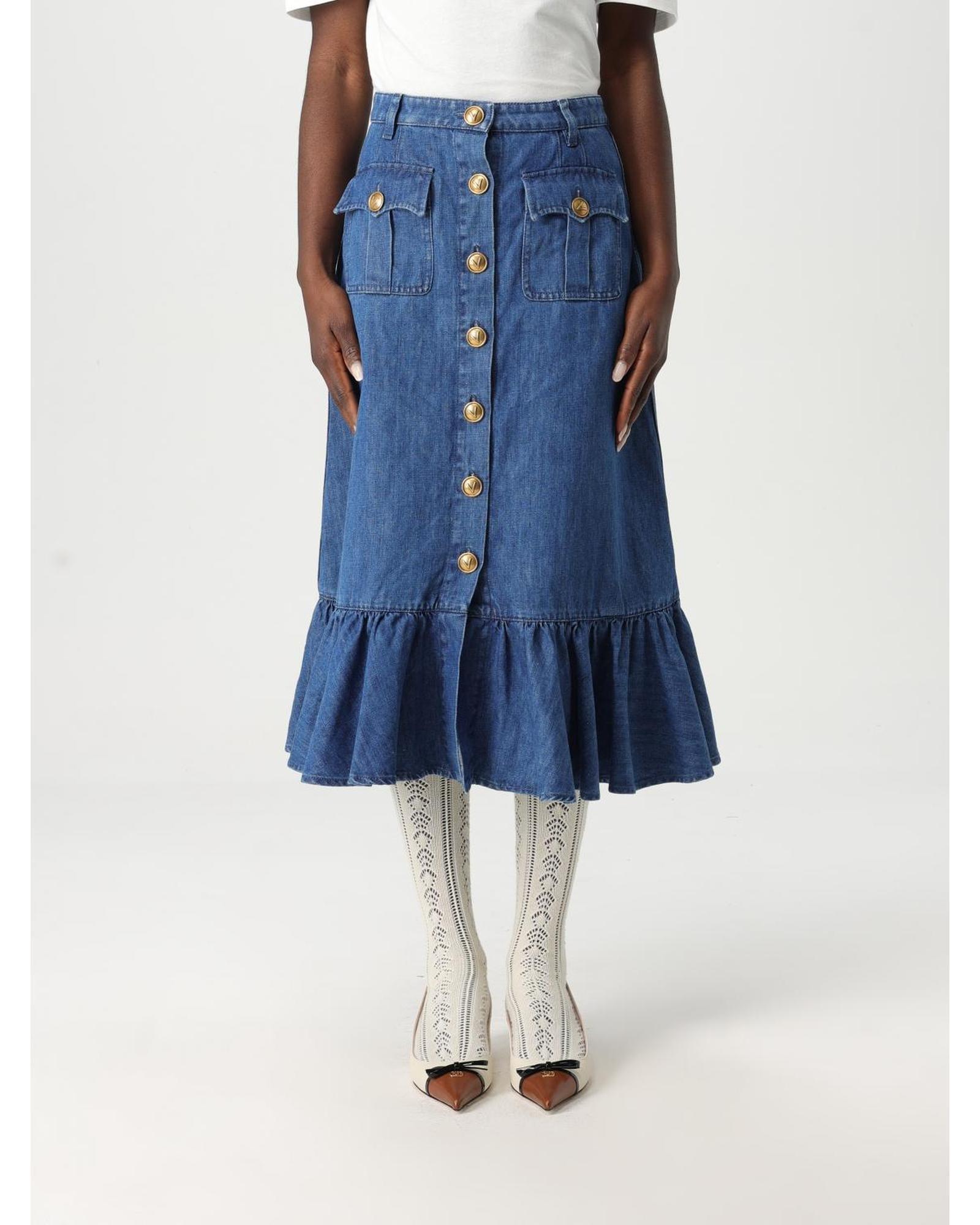 Valentino Denim Midi Ruffle Skirt Wo - Blue