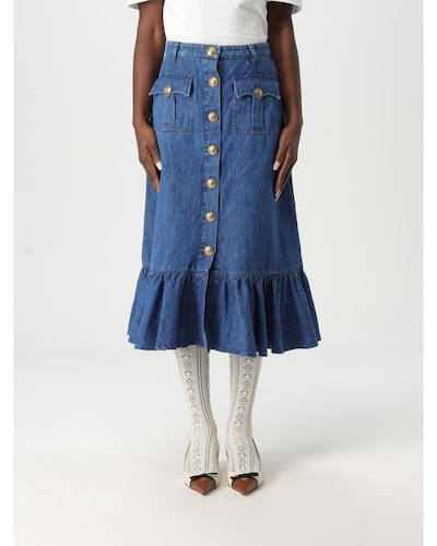 Valentino Denim Midi Ruffle Skirt Wo - Blue