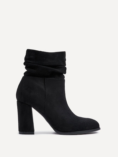 Linzi Mila Black Faux Suede Ruched Square Toe Block Heeled Ankle Boot