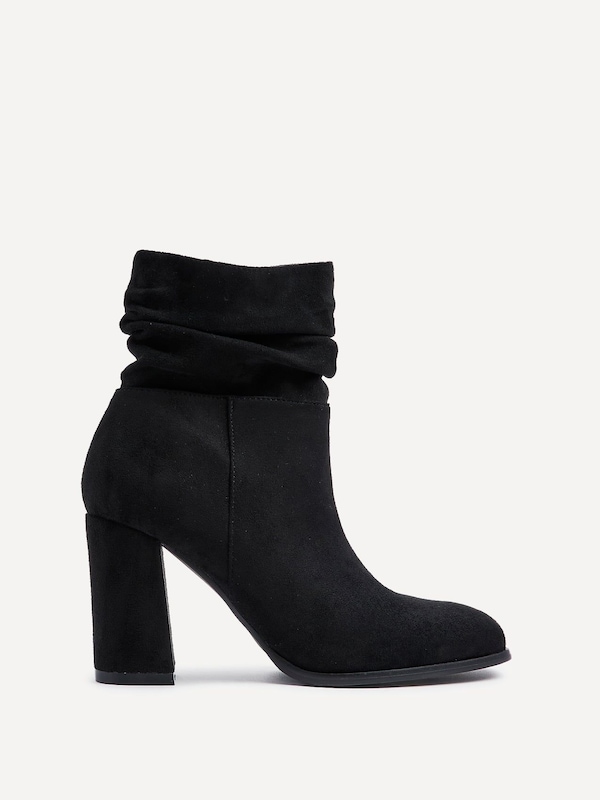 Linzi Mila Black Faux Suede Ruched Square Toe Block Heeled Ankle Boot