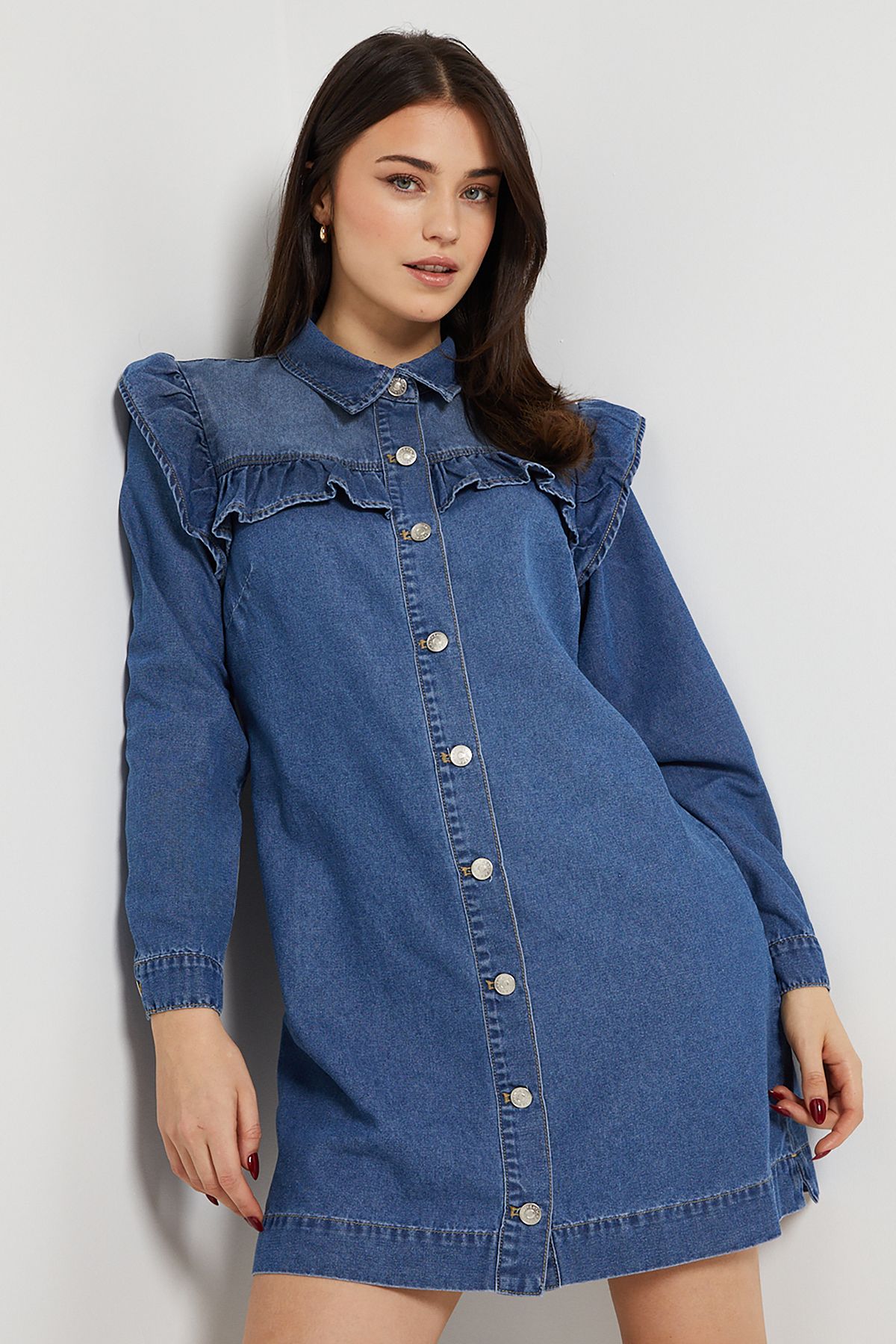 Dorothy Perkins Frill Yoke Denim Mini Dress Mid Wash