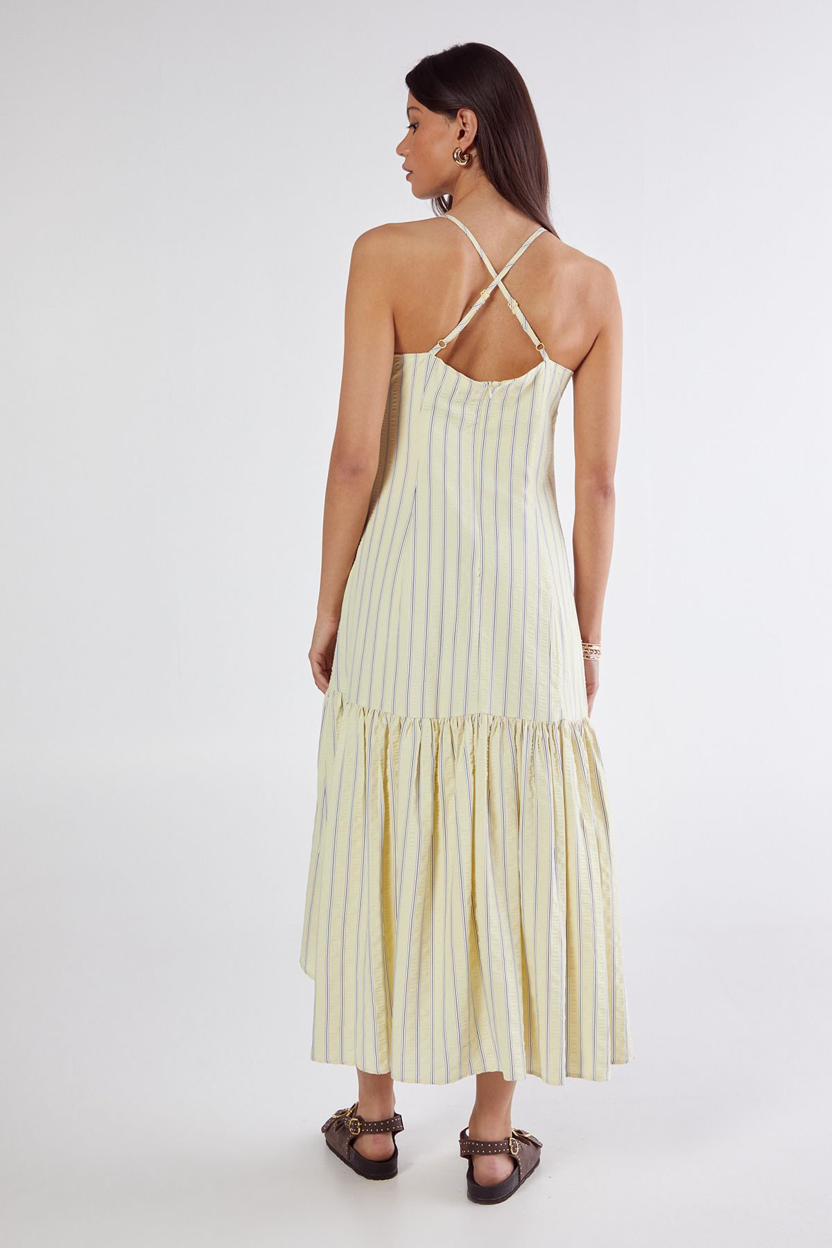 NastyGal Textured Stripe Dipped Hem Maxi Dress Lemon image 4