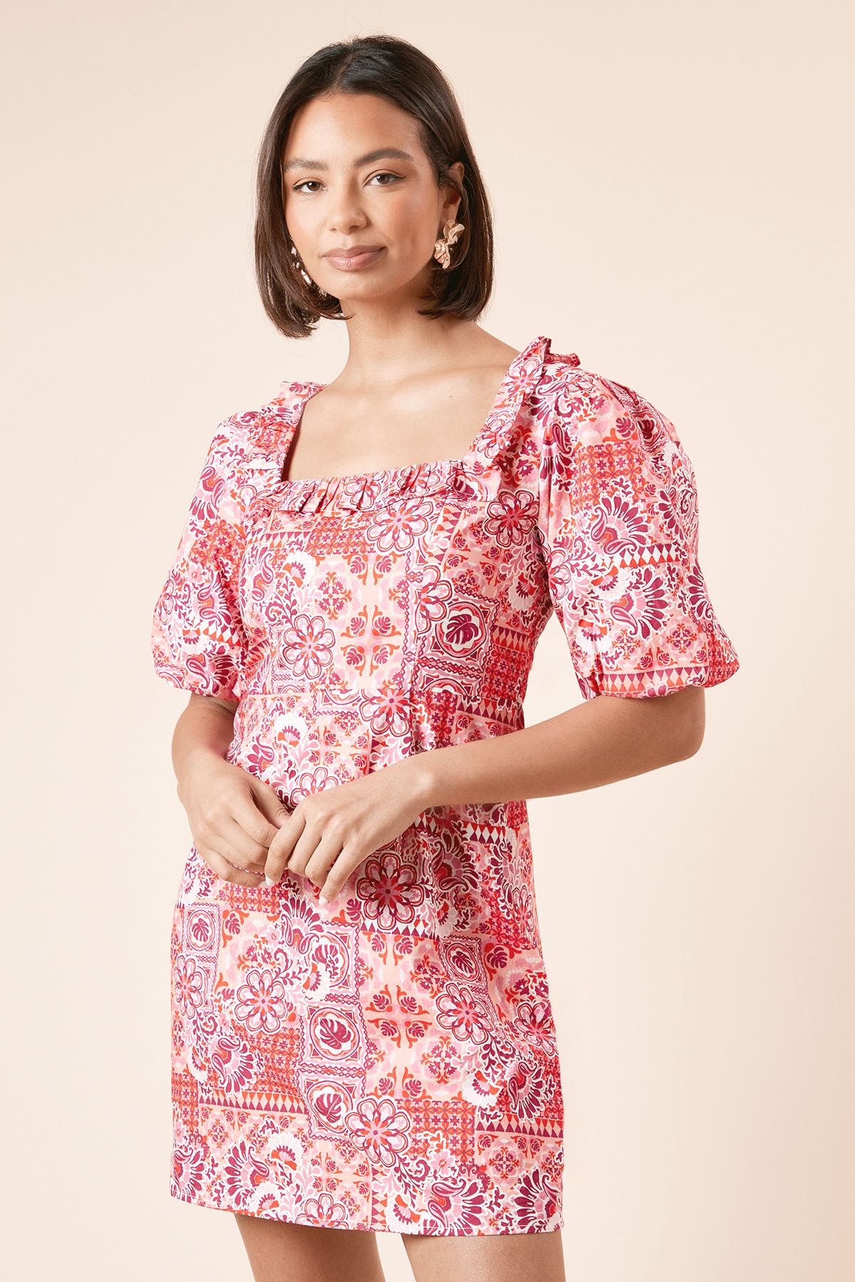 Dorothy Perkins Red Geo Frill Front Tie Back Mini Dress Red image 1