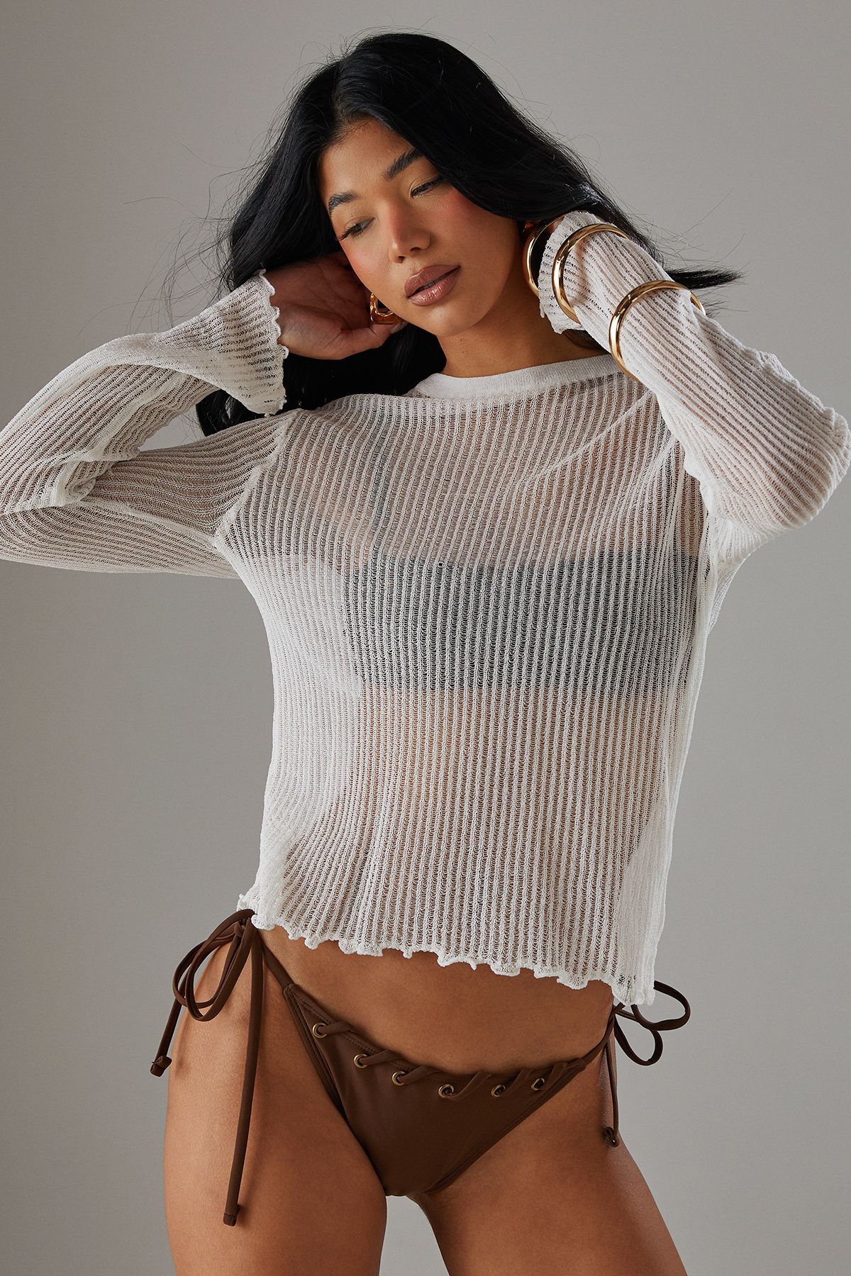 Warehouse Sheer Knitted Top Ivory image 4
