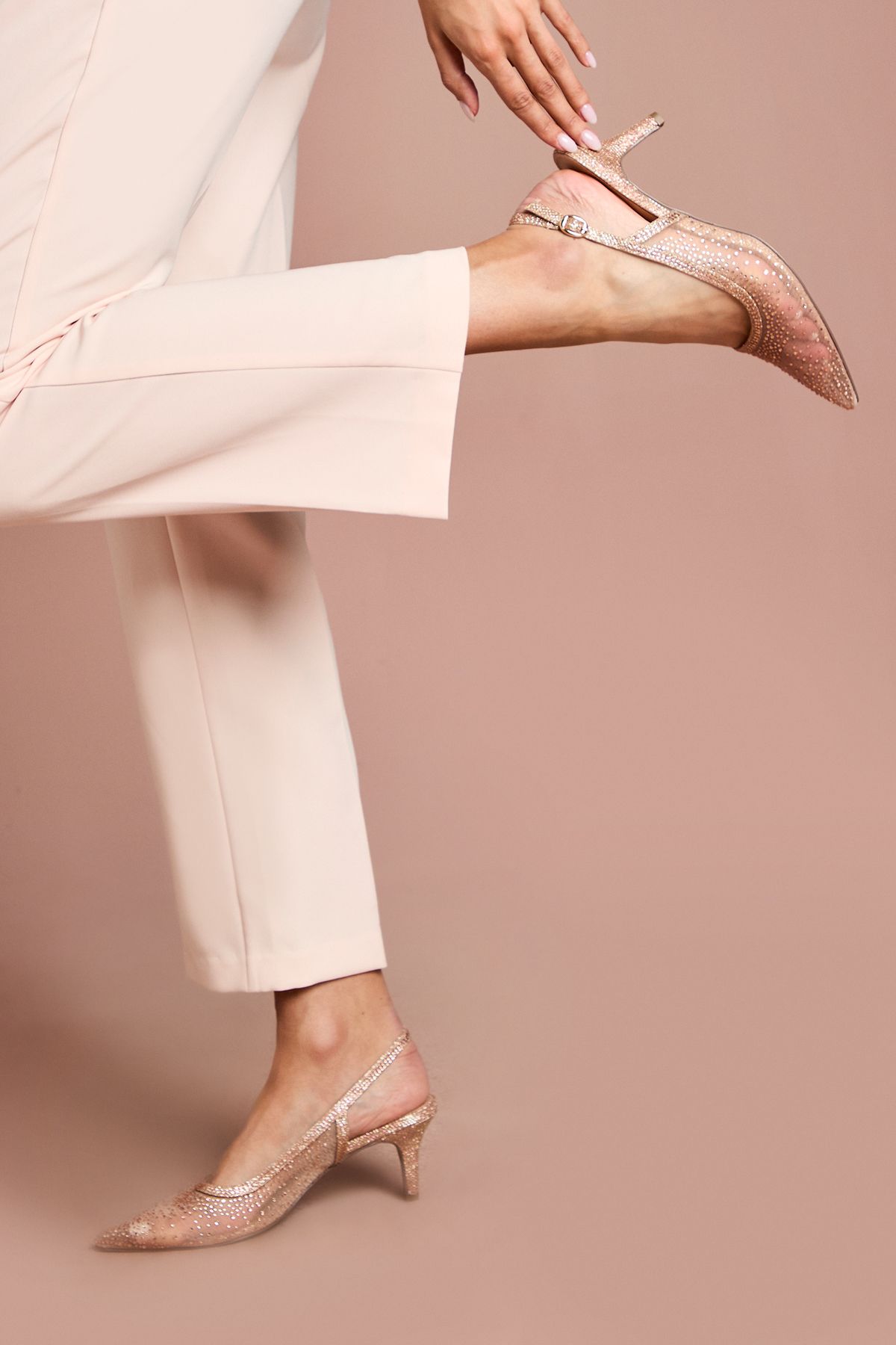 Coast Sara Mesh Diamante Kitten Heel Slingback Court Shoes Nude Pink image 3