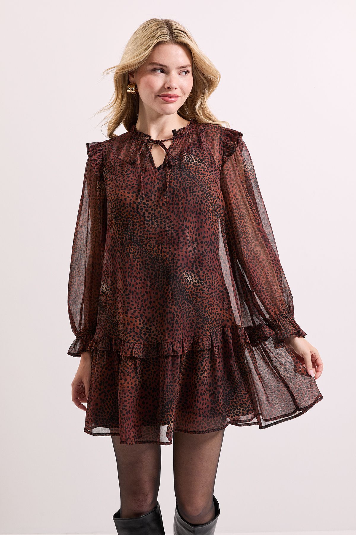 Dorothy Perkins Leopard Animal Printed Tiered Hem Tie Neck Shift Dress Leopard image 3