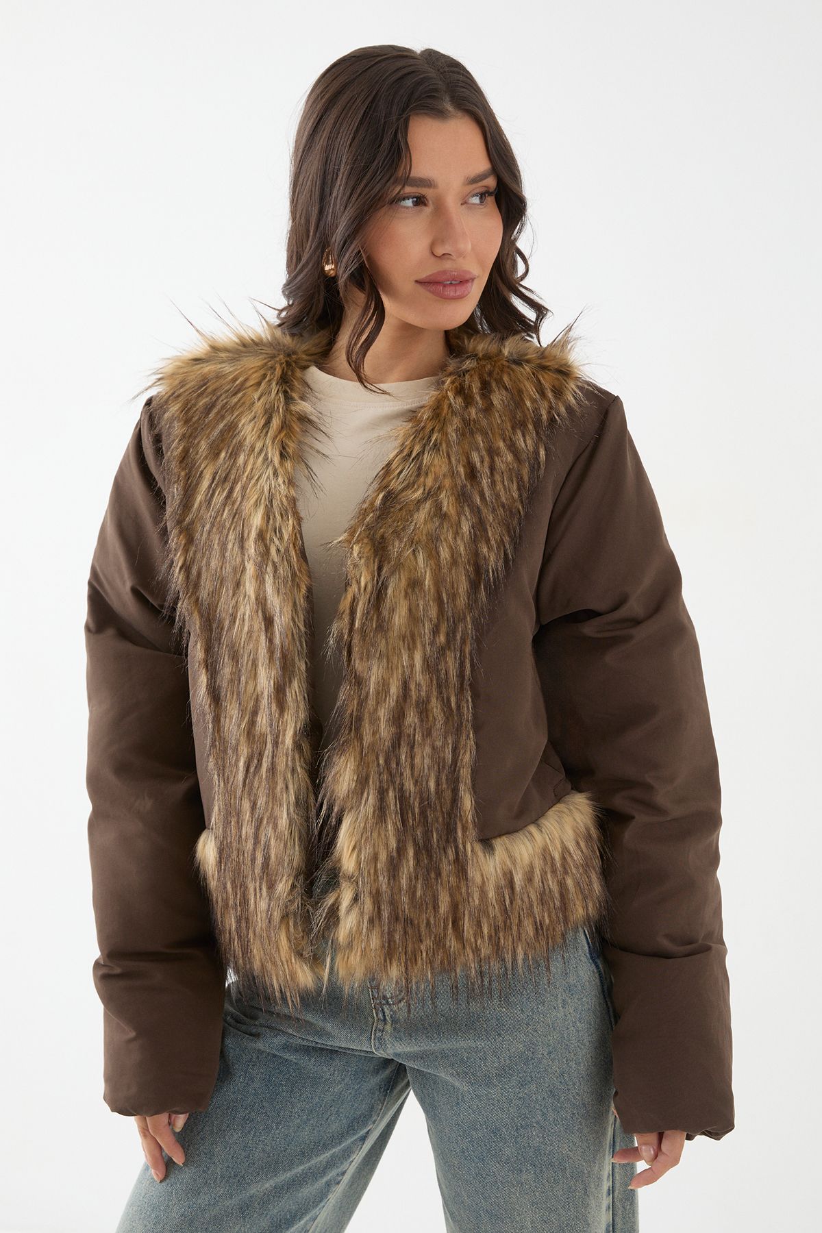 MissPap Faux Fur Trim Puffer Coat Chocolate image 4