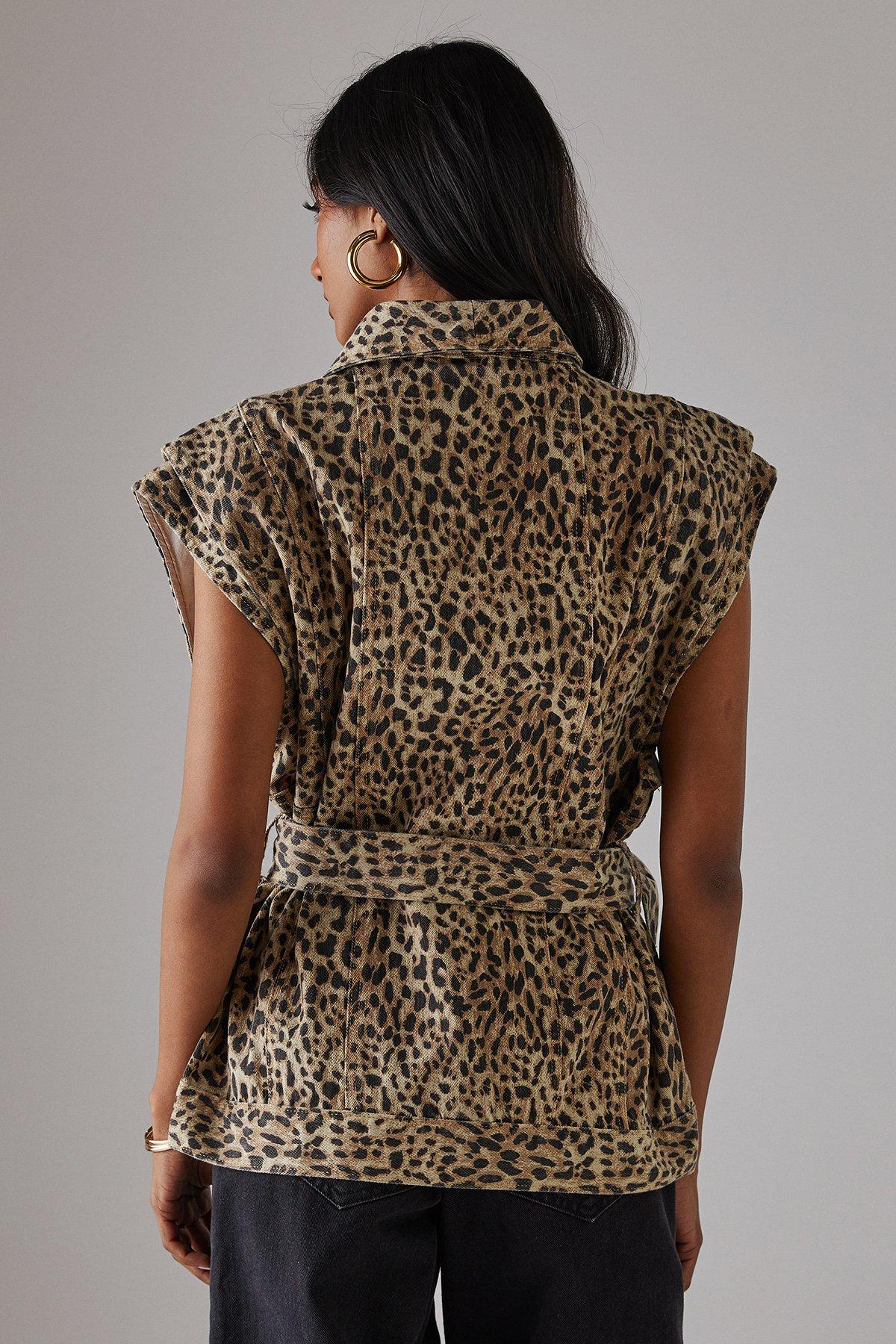 Warehouse Leopard Print Sleeveless Denim Jacket Animal image 4
