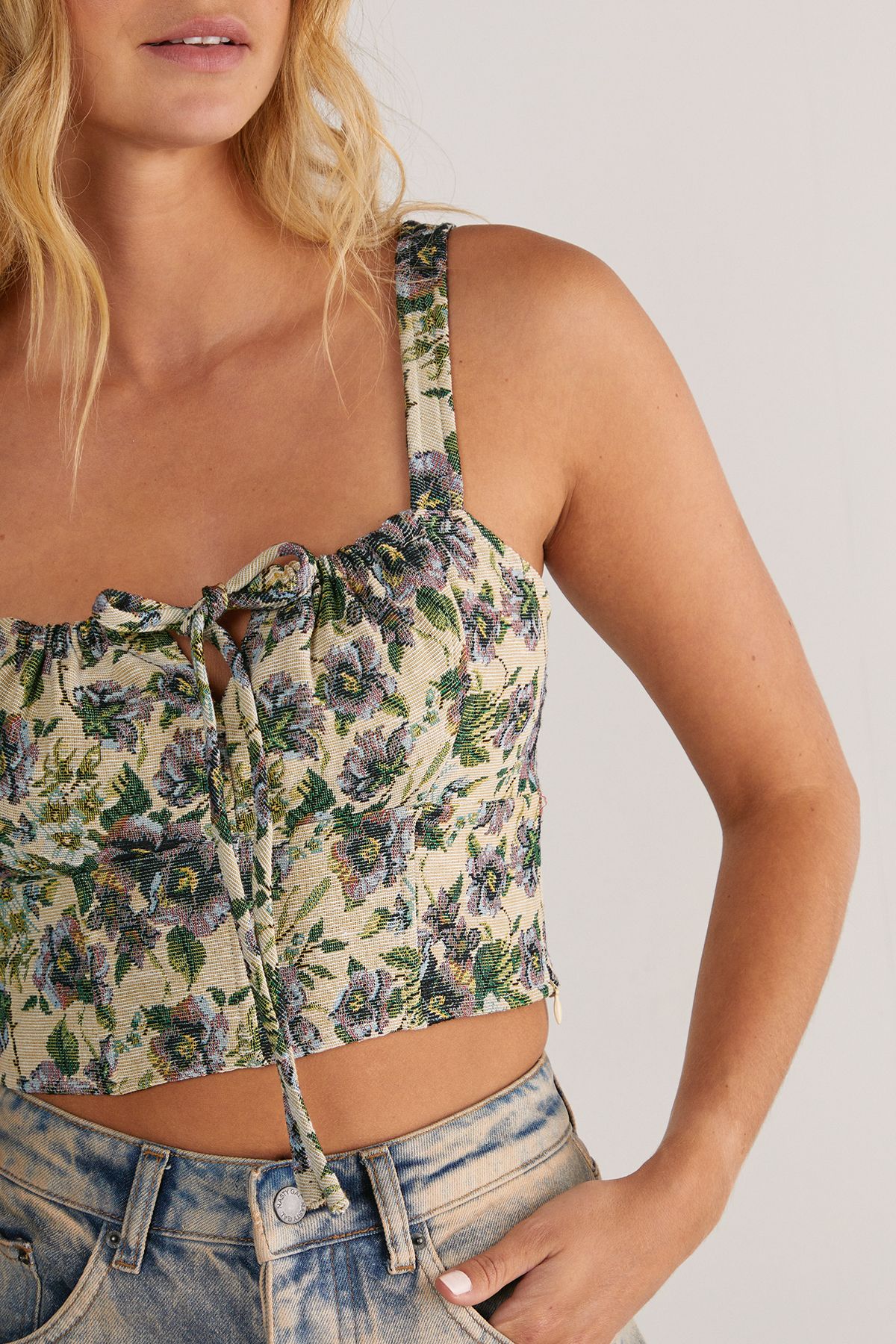 NastyGal Floral Tapestry Ruched Tie Front Crop Top Beige image 5