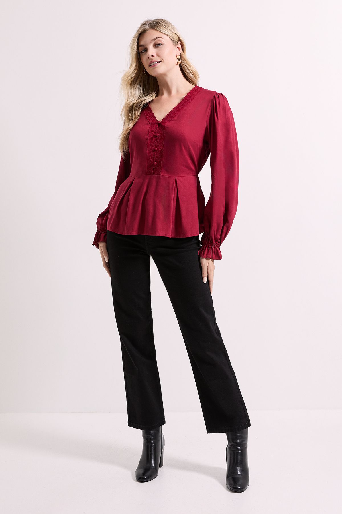 Dorothy Perkins Lace Trim Blouson Sleeve Peplum Top Burgundy image 1